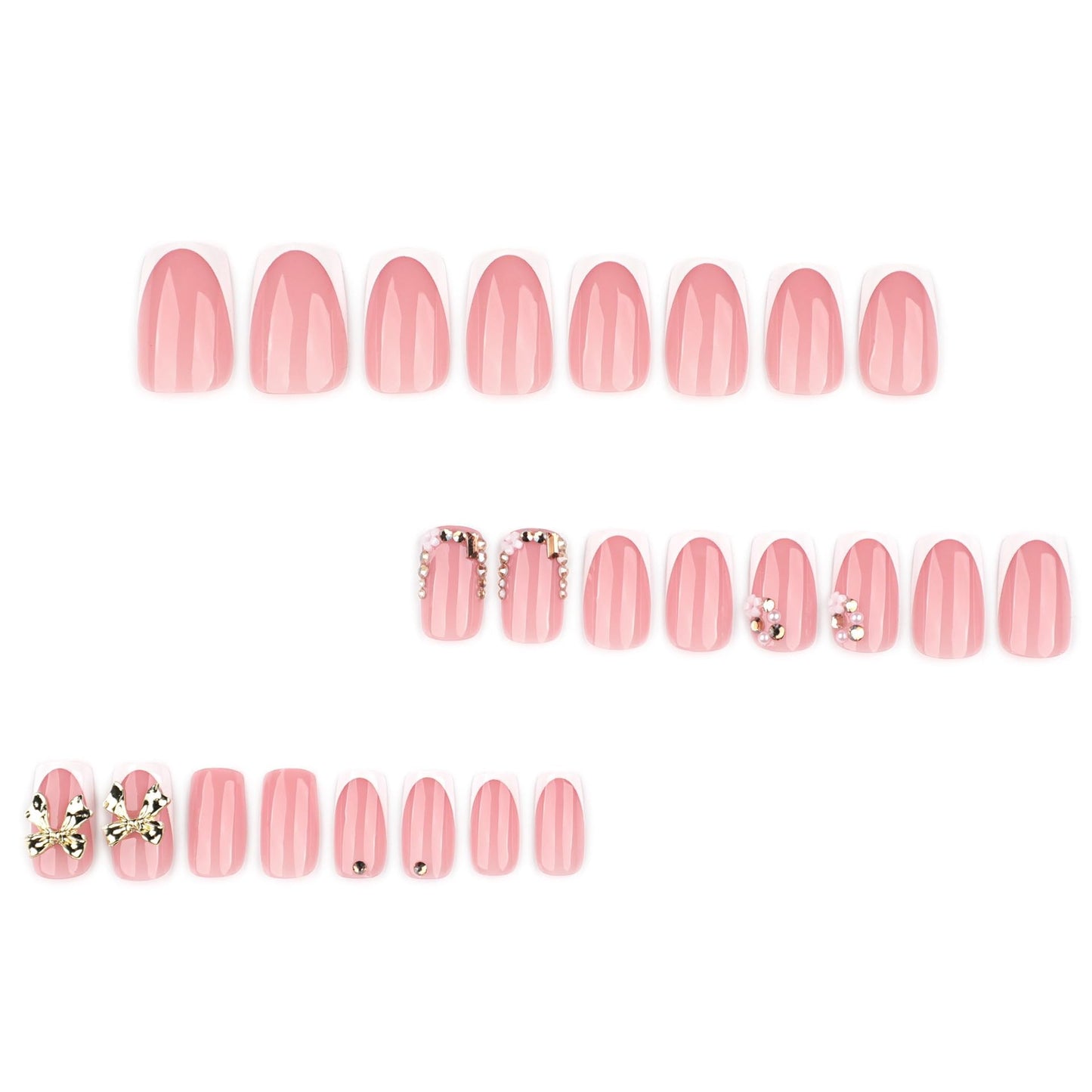 CTTHNBD Short Press on Nails Square - White Fake Nails with Bow Design - Rhinestone, Shiny Full Cover Stick on False Nails for Women 24 Pcs