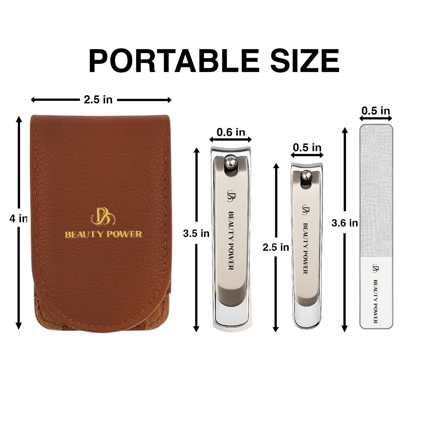Beauty Power Nail Clippers Set 3 in 1 - Stainless Steel Toe Nail Clippers, Fingernail Clipper, Glass Nail File, Anti Splash, Ergonomic Grip in Brown PU Leather Travel Case for Men & Women - Gift Idea