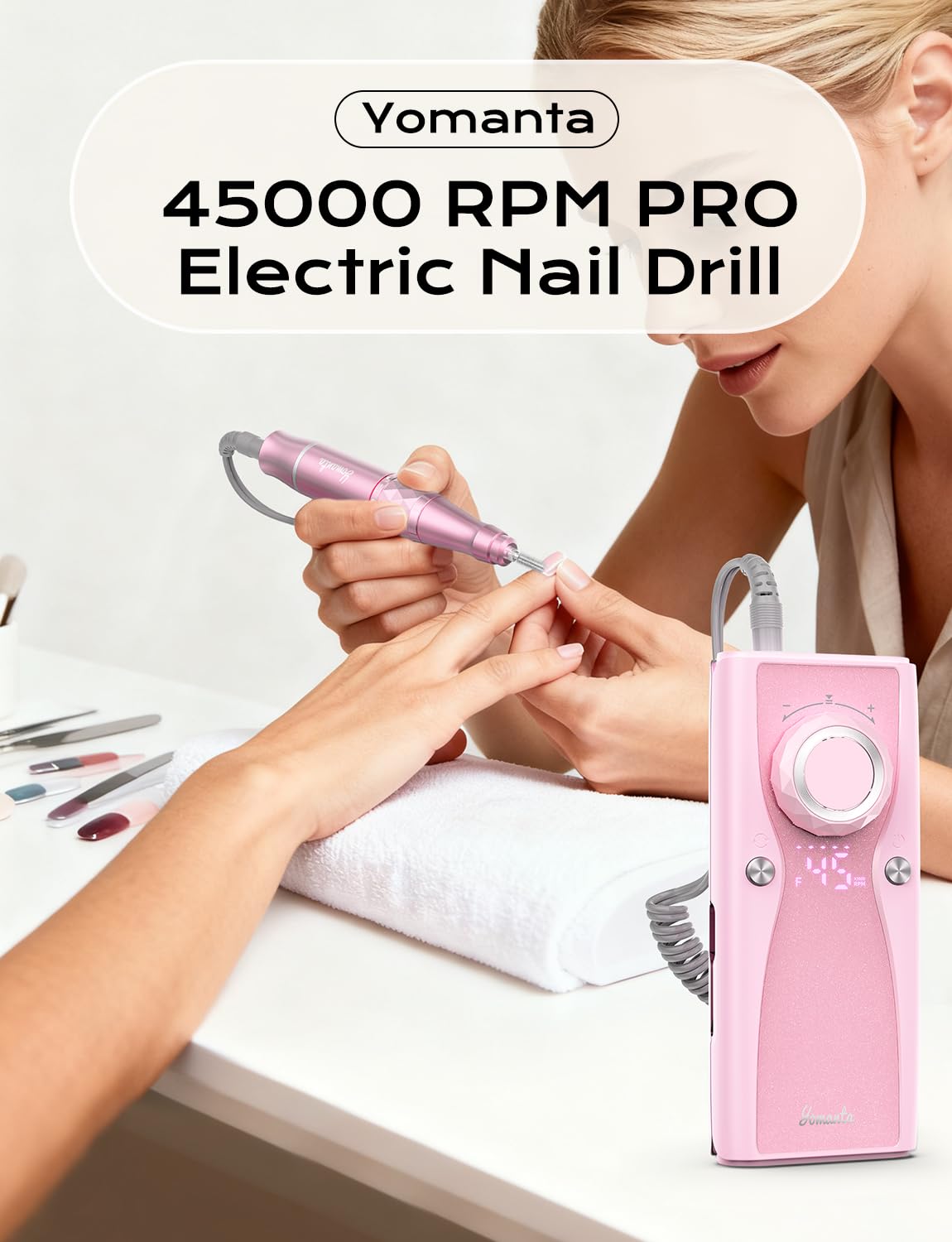 Electric Nail Drill Professional Kit: 45,000 RPM USB Rechargeable Efile Nail Drill Nail File with 12 Bits for Polishing Gel/Acrylic Nails- Portable Manicure Tool Set for Salon/Home-Pink