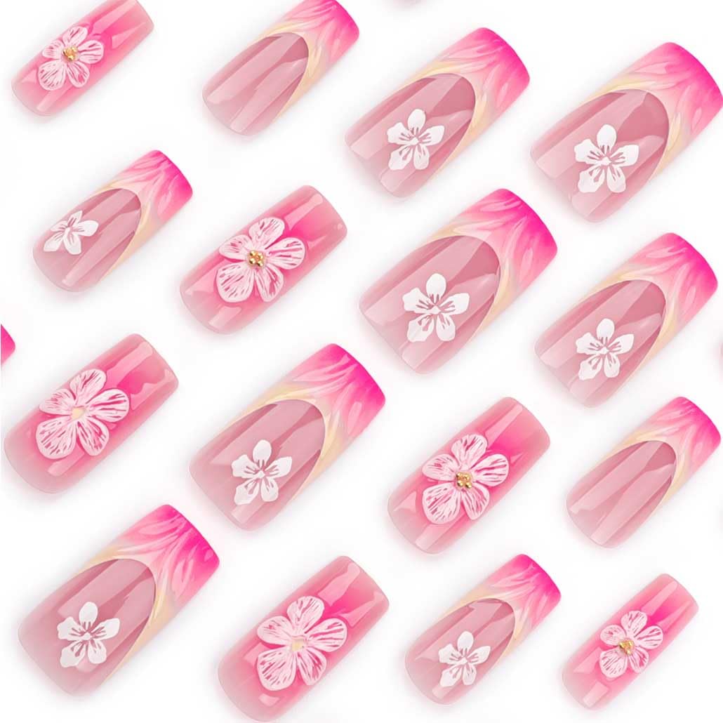 Foccna French Press on Nails Medium Long Pink Fake Nails Square Bling Glossy 3D Flower Design False Nail Tips Artificial Nails Finger Manicure for Women and Girls-24pcs