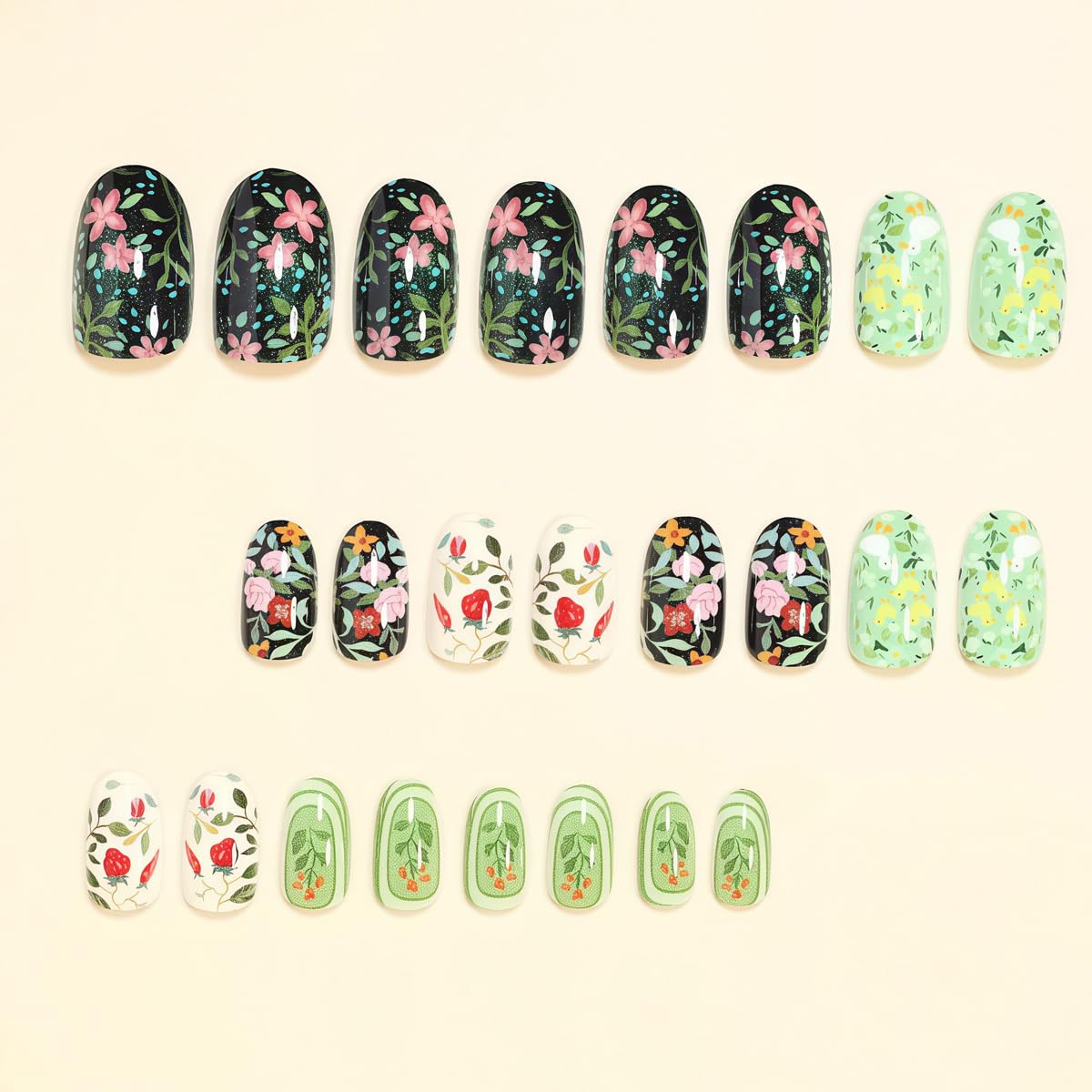 Short Press on Nails Oval - Green with Spring Flower & Duck Design, Oil Painting Style Full Cover Glossy Fake Nails 24PCS for Women Manicure