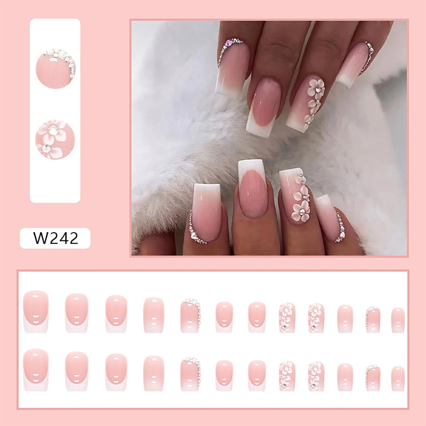 Rilafuvu Press on Nails Medium French Tip Full Cover Nails Square Press Ons Pink Press-on Nails with Flower Designs Acrylic Stick on Nails Gift for Women and Girls Decorations 24pcs (white&Pink)