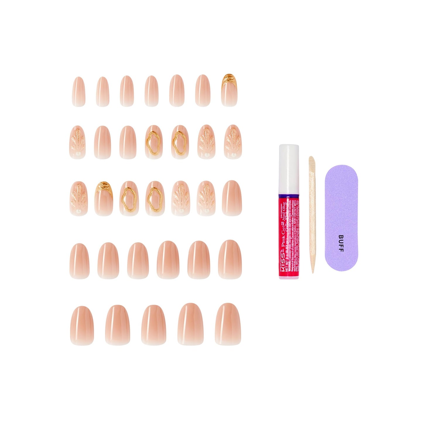 Kiss Glam, Press On Nails, Nail glue included, 'Blossoming Love', Beige, Medium Size, Round Shape, Includes 32 Nails, 2g Glue, 1 Manicure Stick, 1 Mini File