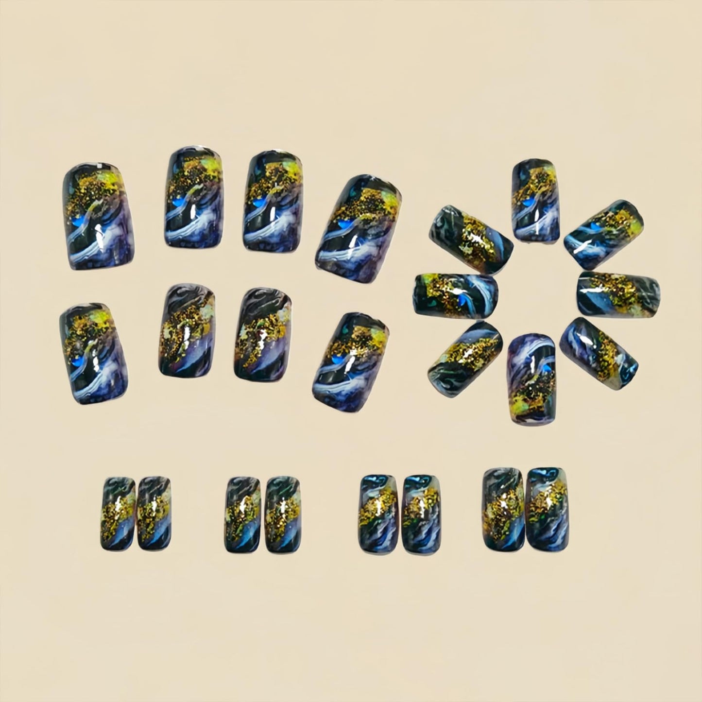 SINHOT Square Press on Nails - Short Fake Nails, Glossy Finish, Ink Style & Gold Leaf, DIY Artificial False Nail Art - 24 Pcs Nail Kit with Glue