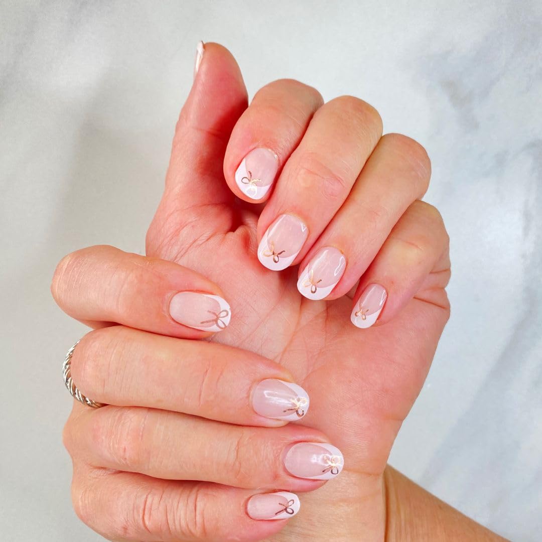 ALICE & BELLA Semi Cured Gel Nail Strips-20 PCS Light Pink French Tips with Rose Gold Bow Salon Quality Nail Gel Stickers, Use with UV Light Lamp, (French Rose Gold Bow)