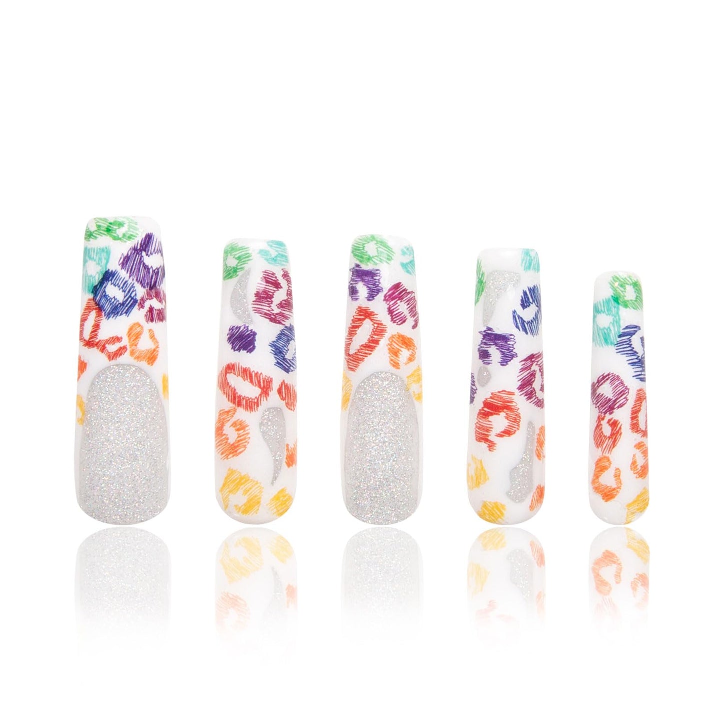 LOVFUL Press on Nails Rainbow Leopard| Handmade with Full Covered Crystals| Reusable Fake Nails| Square Mid length 1.7in| H242-L