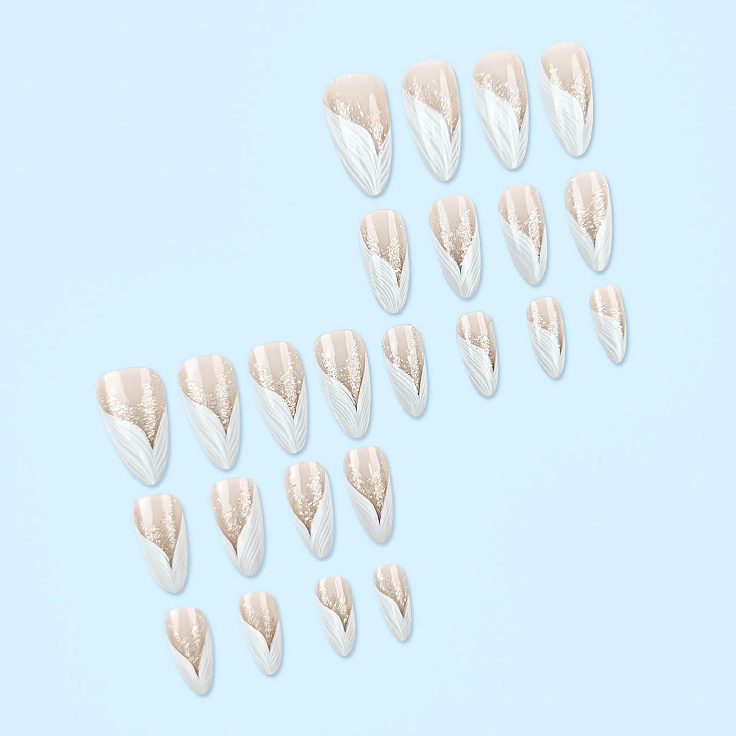 RUOKEXIN Almond Press on Nails White French Tip Fake Nails Medium False Nails with Silver Glitter Designs Almond Nail Press ons Nude Full Cover Glue on Nails Cute Stick on Nails for Women 24Pcs