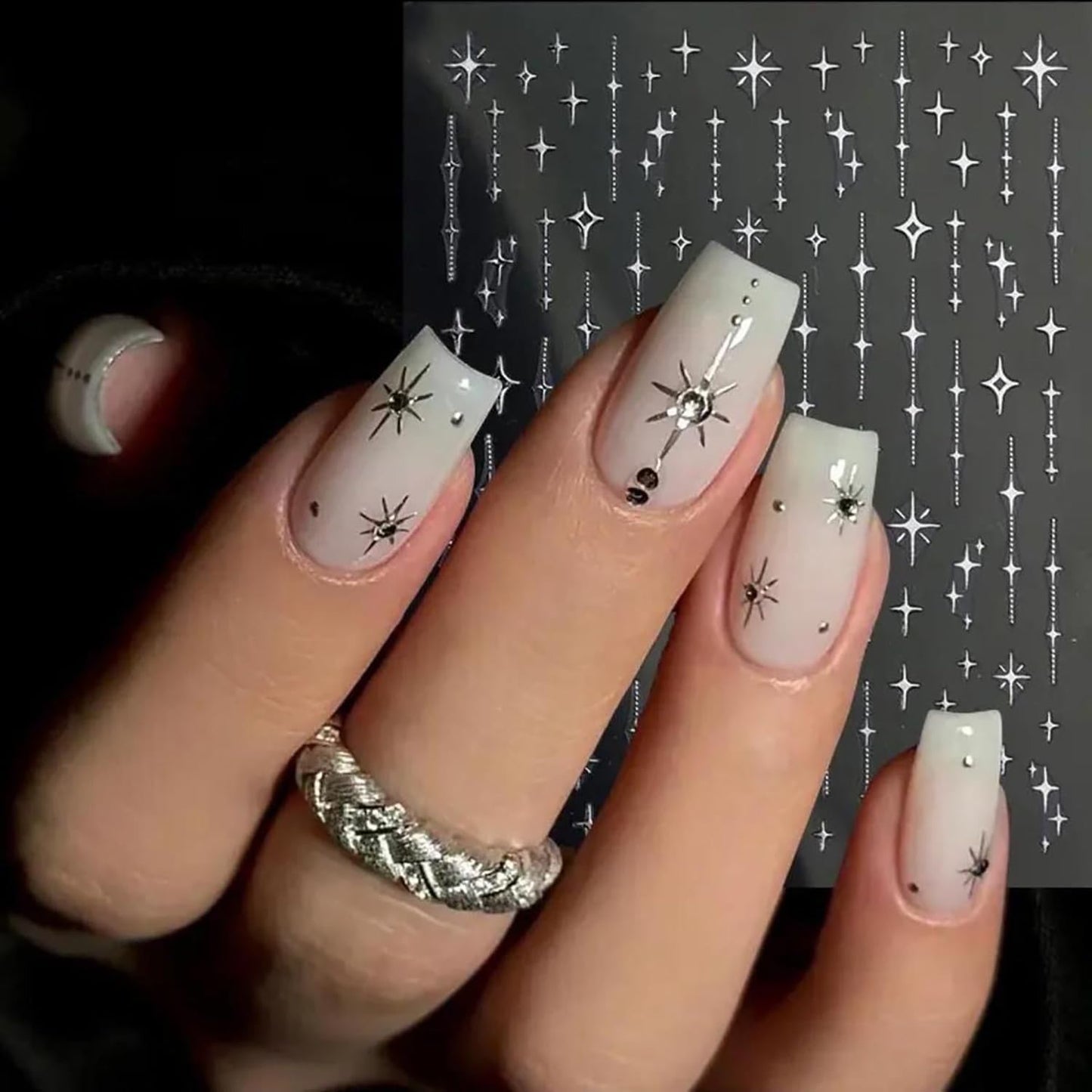 CJDLTS 6 Sheets Stars Nail Art Stickers 3D Self -Adhesive Gold Silver White Black Laser Stars Nail Decals Holographic Glitter Starlight Nails Stickers for Women Acrylic Nails Decoration Supplies