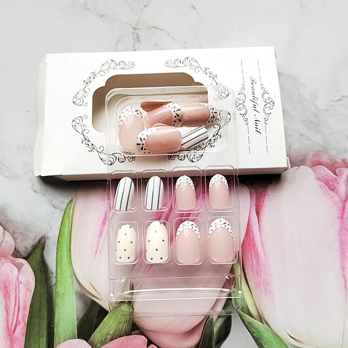 24 Pcs Blue French Tip Press on Nails Short Oval WLGDLH Summer Fake Nails, Creamy White False Nails Press ons with Striped Polka Dots Design, Nude Base Glue on Nails for Women Manicure, Glossy Finish