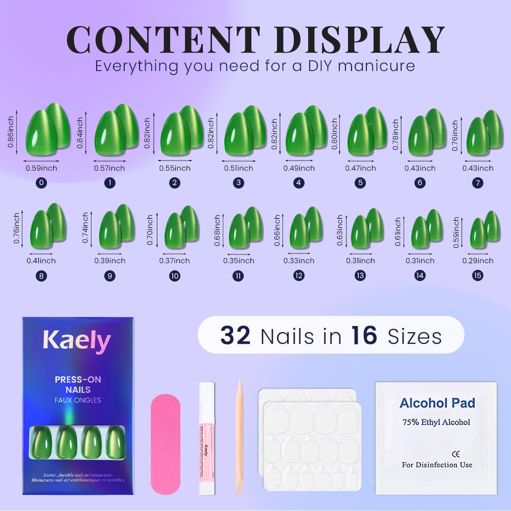 evpct Rich Green Cat Eye Press on Nails Short Almond, Short Almond Stick on Nails for Women Gift, Rich Green Glossy Fake Nail Reusable Press on Acrylic Fake Nail with Holographic Cat Eye Design