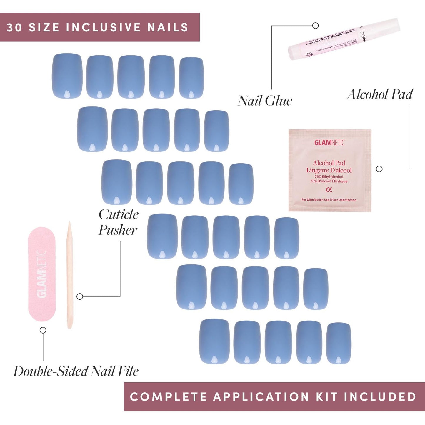 Glamnetic Press-On Nails Bundle - Cashmere Blue & Hailey | Opaque Soft Blue Short Squoval False Nails | Glazed Short Almond Fake Nails | Reusable, Salon-Quality Nail Kits