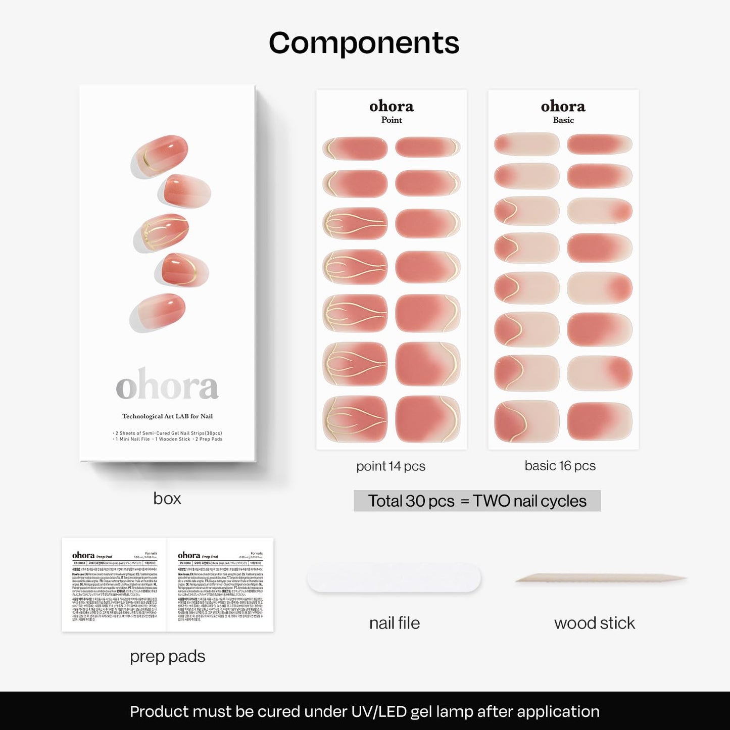 ohora Semi Cured Gel Nail Strips (N Tulip Wash) - Ombre, Pink, Gold, Works with Any Lamps, Salon-Quality, Long Lasting, Easy to Apply & Remove - Includes 2 Prep Pads, Nail File & Wooden Stick