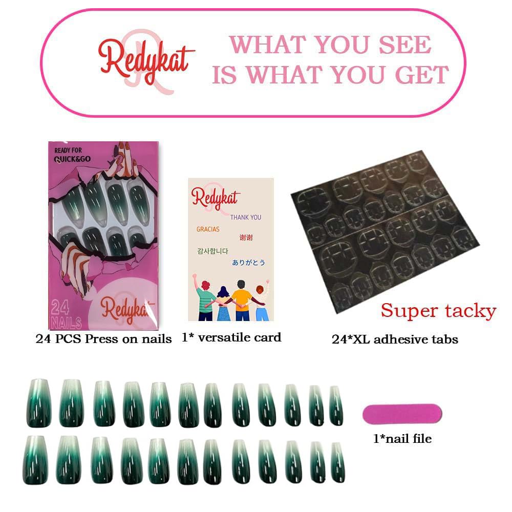 Redykat Handmade 24PCS Glossy Coffin Press On Nails, Extra Long Emerald Green Fake Nails, Gel Green Ombre Cat Eye False Nails, Salon Quality Nail art, Home Quick Manicure……… (Jade)