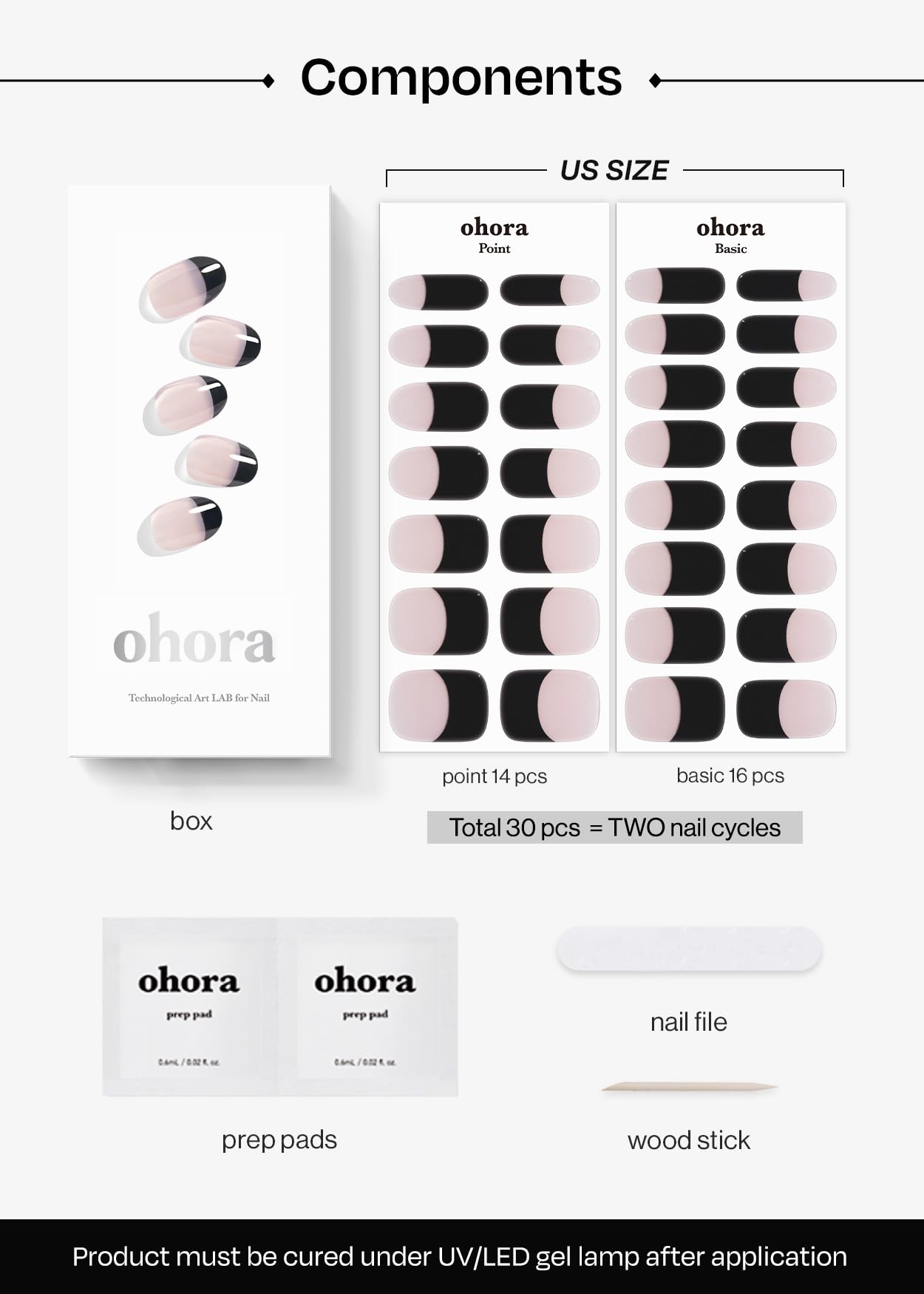 ohora Semi Cured Gel Nail Strips (N Chic French) - Black, French, Works with Any UV/LED Lamps, Salon-Quality, Long Lasting, Easy to Apply & Remove - Includes 2 Prep Pads, Nail File & Wooden Stick