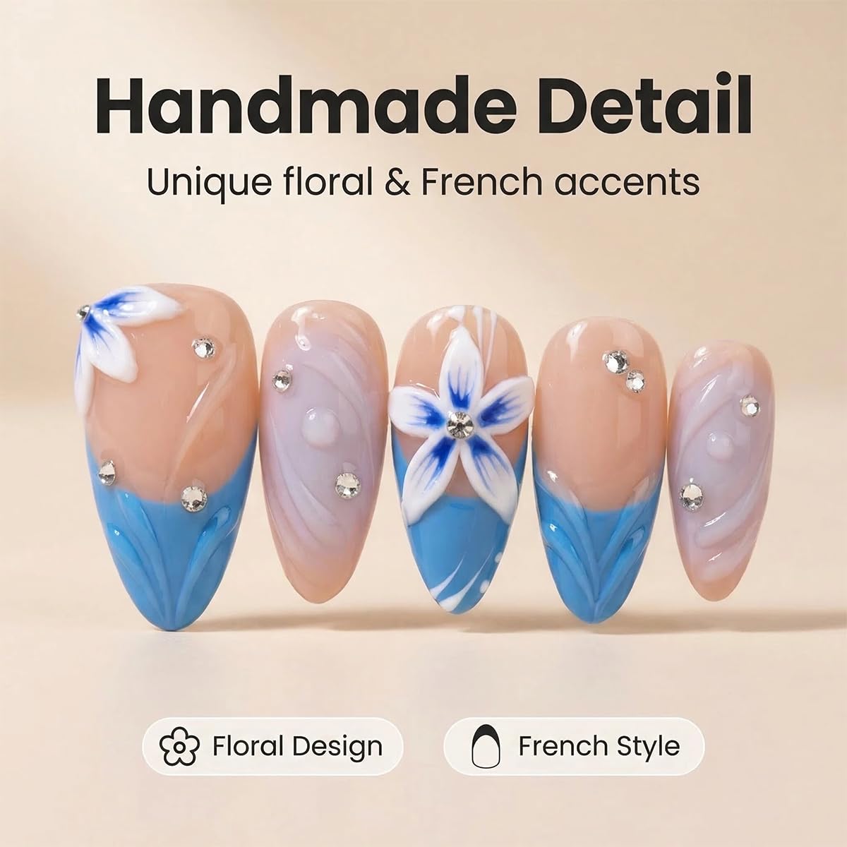 10pcs Handmade Press on Nails Almond Medium False Nails Blue French Tip Fake Nails with 3D Flower Designs Glossy luxury Rhinestones Cute Acrylic Nails for Women (Size M）