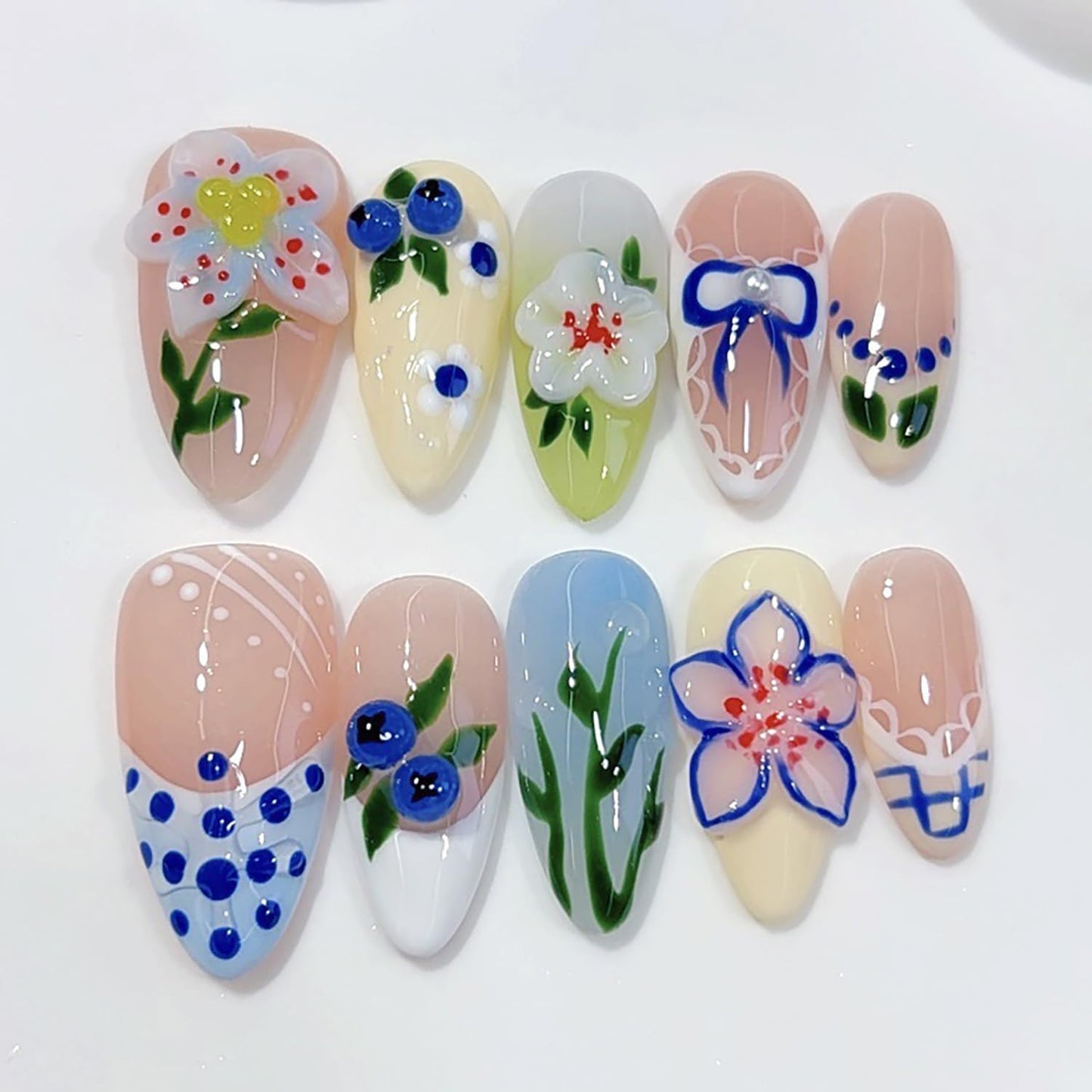 Spring Almond Handmade Nails with Flower Polka Dot Design French Press on Nails Reusable Artificial Acrylic Fake Nail for Women Girls Full Cover Stick on Nail Stick on Nail 10 Pcs （S）