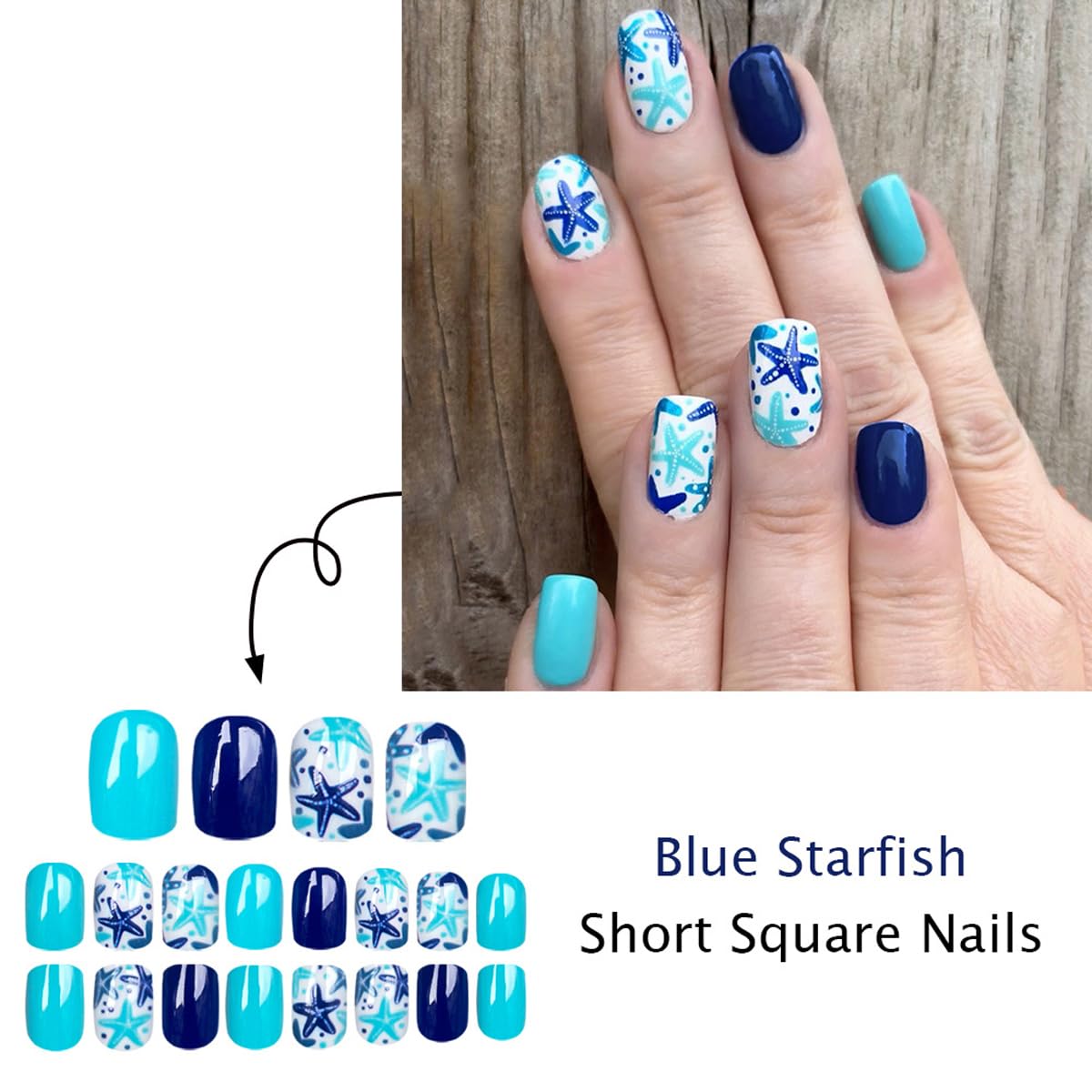 Blue Press on Nails Short Square Fake Nails Summer Nails Press ons with Starfish Design,Beach Full Cover Stick on Nails for Women Manicure,Artificial | Reusable | Easy Apply | 24Pcs