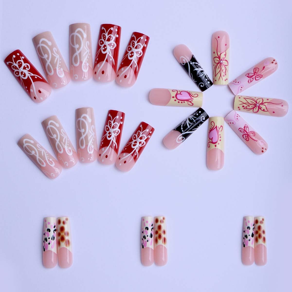 LINMEIZAI 24Pcs French Press on Nails Medium Square Music Fake Nails Press ons Nail Tips, Green Red Stick on Nails Acrylic Nails Kit False Nails Vibrant Floral Tip Design Nail Art for Women Manicure