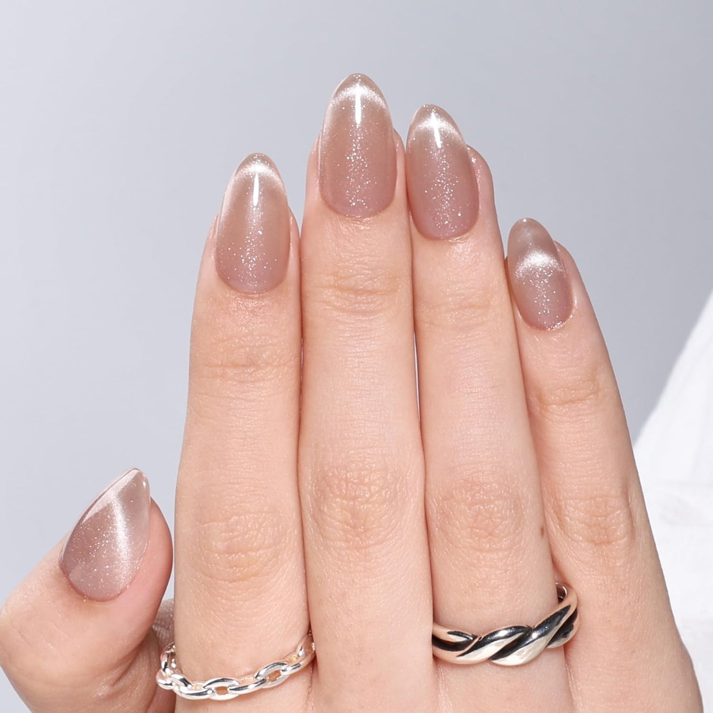 Cat Eye French Tip Press On Nails Almond - Nude Short Almond Fake Nails, Nude Cateye Press On Nails Reusable Stick On Nails in 16 Sizes, 32pcs False Nail Kit for Women & Girls(Veil of Light)