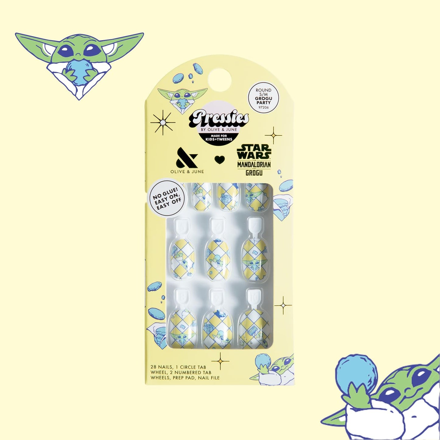 Olive & June Pressies Kids Press-On Nails (No Glue) | Star Wars: The Mandalorian & Grogu | 28 Fake Nails, 14 Sizes, 1 Nail File | Easy On-Off Mani Non-Toxic Tabs | S/M, Round | Grogu Party