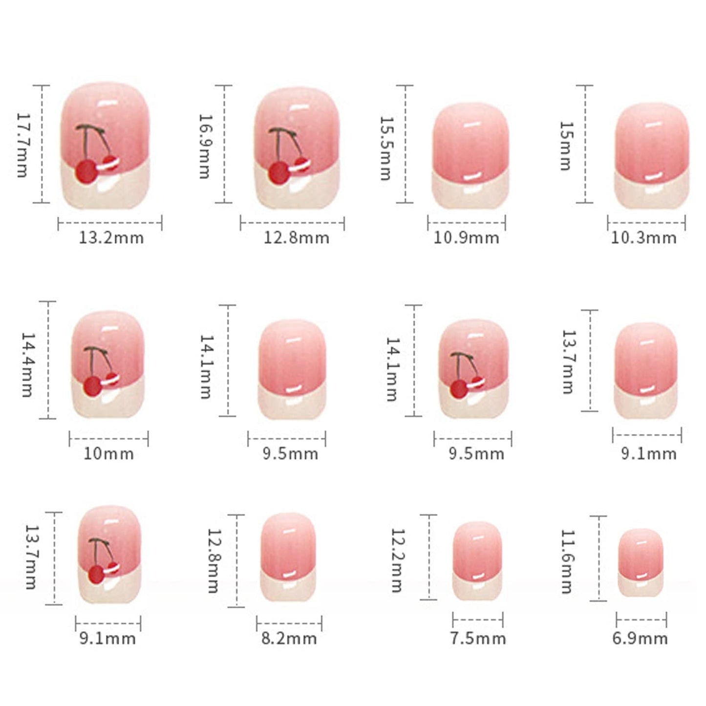 Press on Nails French Tips Short Square Full Cover Reusable False Nails Kits Glue on Nails with Cherry Designs Artificial Glossy Fingernails Acrylic Fake Nails for Women Stick on Nails Coffin Shape