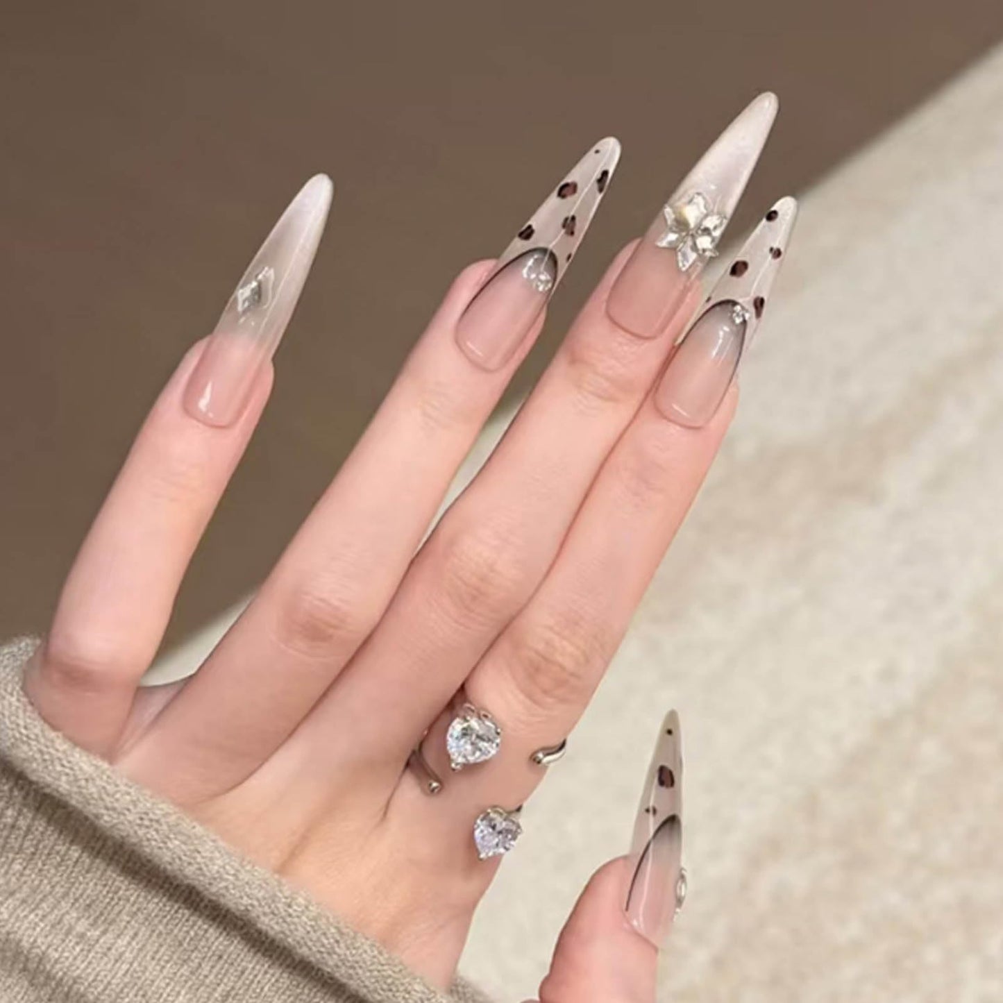 Hkanlre French Press on Nails Long Tips Full Cover False Nails Rhinestones Stiletto Fake Nails for Women 24PCS
