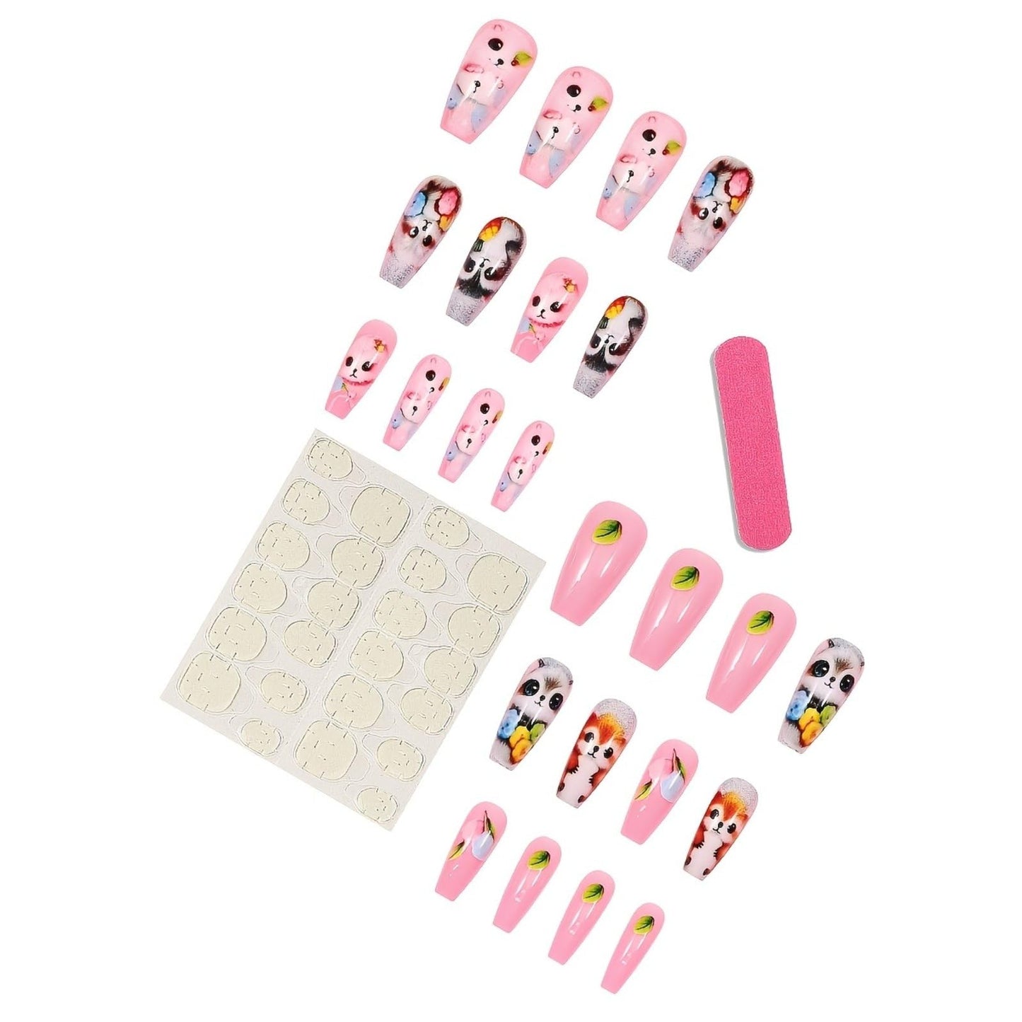 Coffin Press on Nails Medium Pink Fake Nails Raccoon Fox False Nails with Fruit Flower Design Cute Animal Artificial Acrylic Nails Full Cover Glossy Spring Summer Stick on Nails for Women Manicure Art