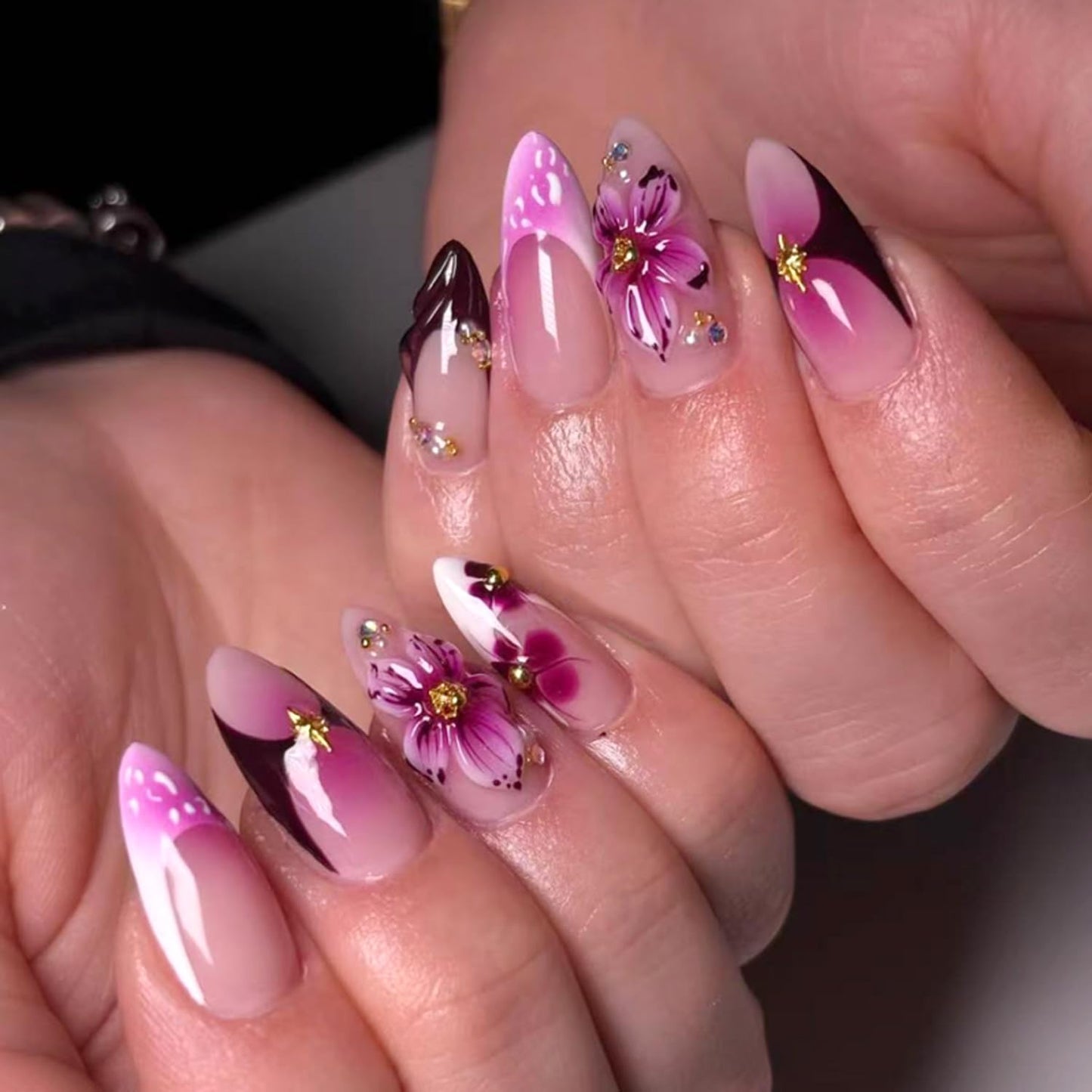 Purple Floral Press On Nails Almond Medium Long, Plum Gradient Fake Nails with Hand Painted Flower Design, Glossy French Tip Acrylic Nails, Reusable Stick On Nails Kit for Women, Elegant Salon Style