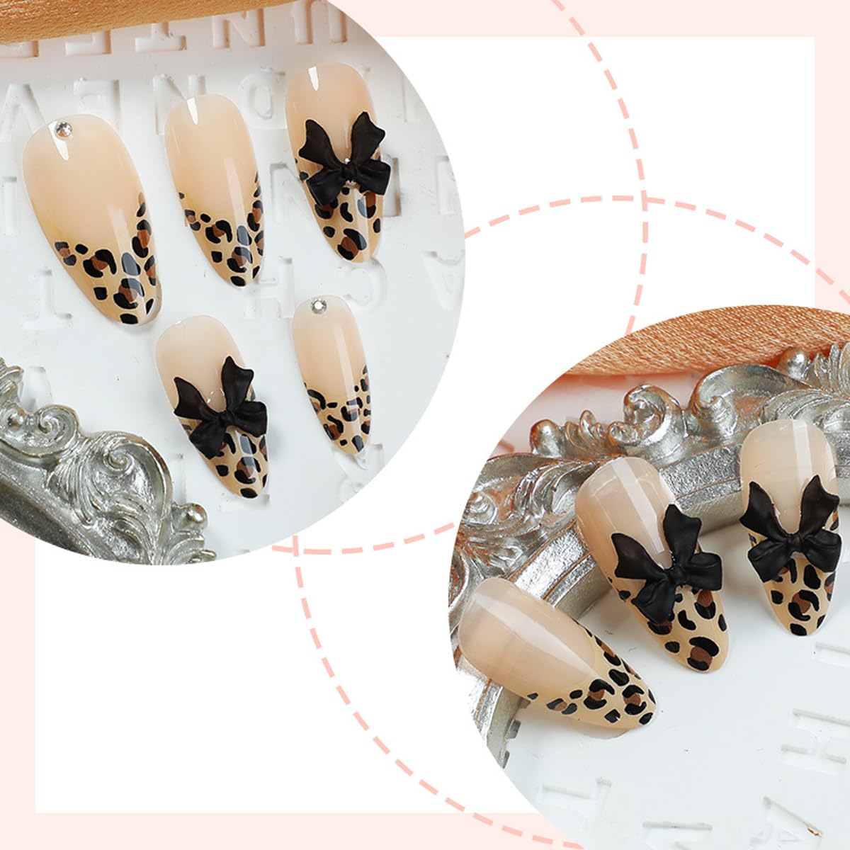 Leopard print French Tip Nail Press ons Medium Almond Fake Nails Bow False Nail with Design Glossy Full Cover Artificial Acrylic Stick on Nail for Women Girls Manicure 24Pcs