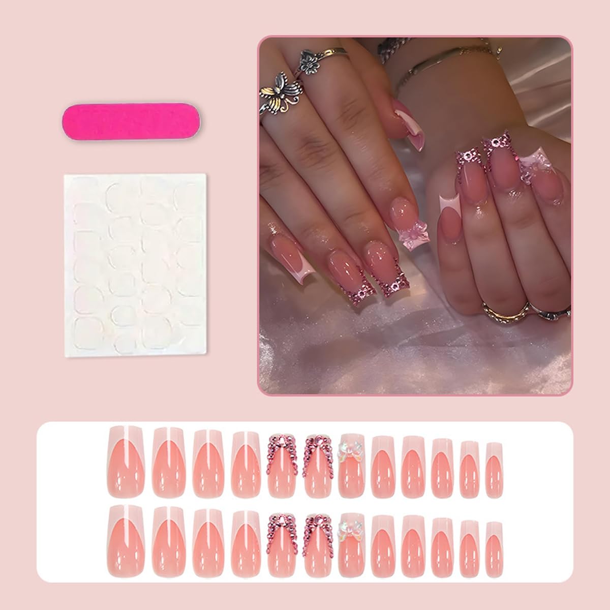 Pink Press on Nails French Tip Fake Nails Short Square False Nail with Rhinestone Design Bow Glue on Nails Glossy Stick on Nail Artificial Acrylic Full Cover Manicure for Women Girls Manicure 24Pcs