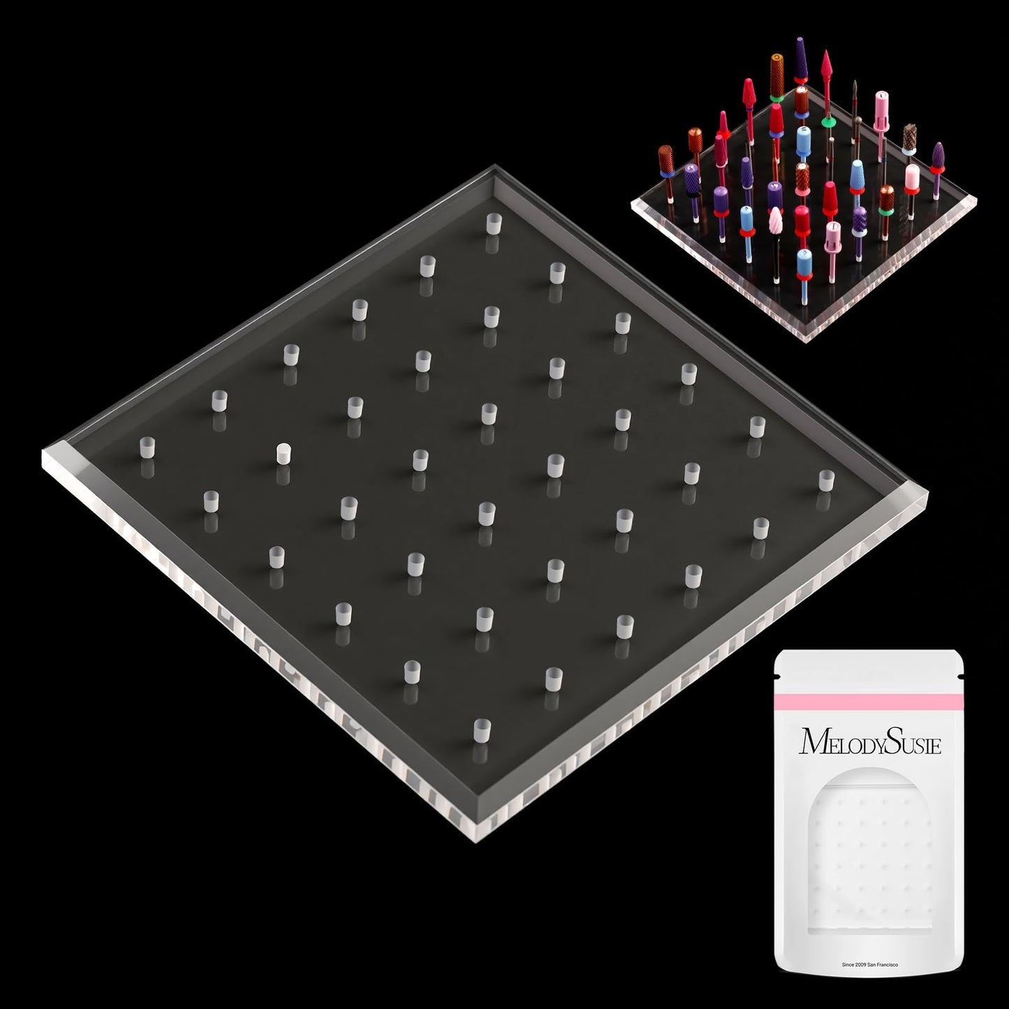 MelodySusie Nail Drill Bits Holder with 36 Holes and 21pcs Nail Drill Bit Set, Professional 3/32'' Ceramic Diamond Carbide Acrylic Gel Nail Art Tool Kit