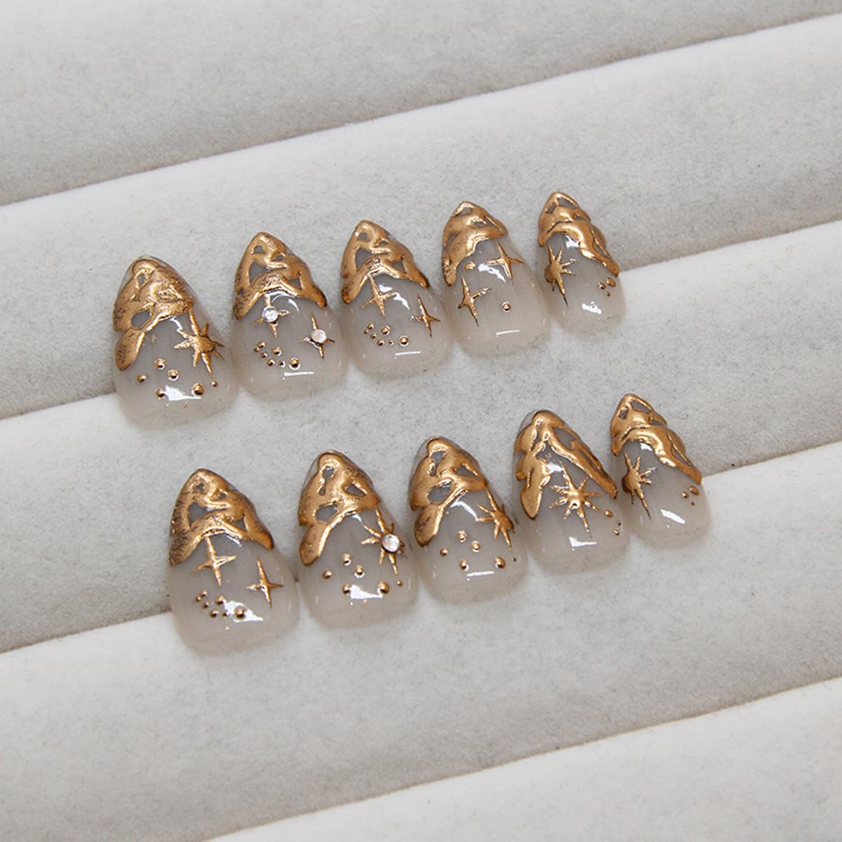 Gold Chrome Press on Nails Short Almond Fake Nails Star Nails Press ons with Design Reusable Artificial Nail Full Cover Glue on Nail Stick on Nails for Women Manicure 24 Pcs