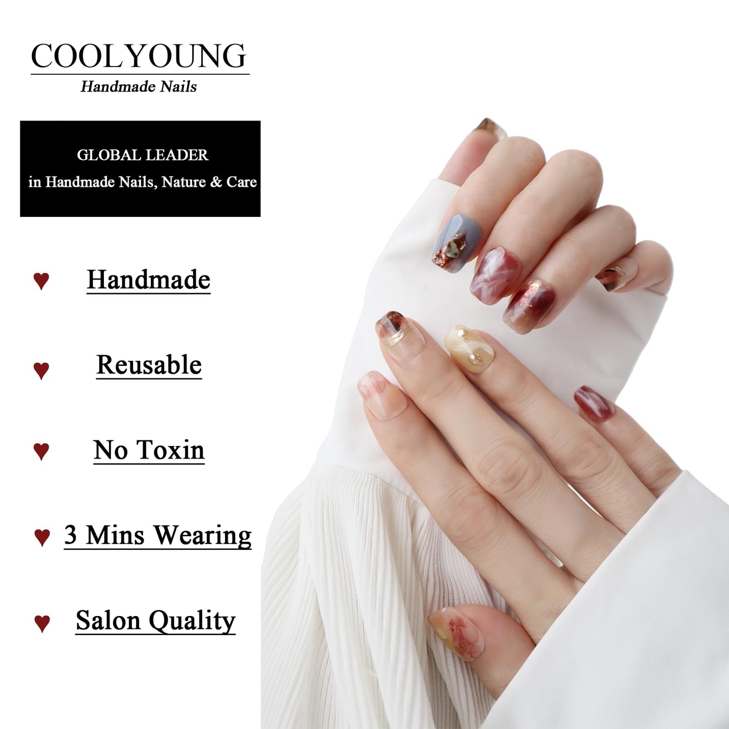 Handmade Press on Nails Square Shaped Artificial Nails Acrylic Handmade Colorful Press On Nails Stick On Nails For Women Woman Gifts COOLYOUNG 10 PCS, Size M