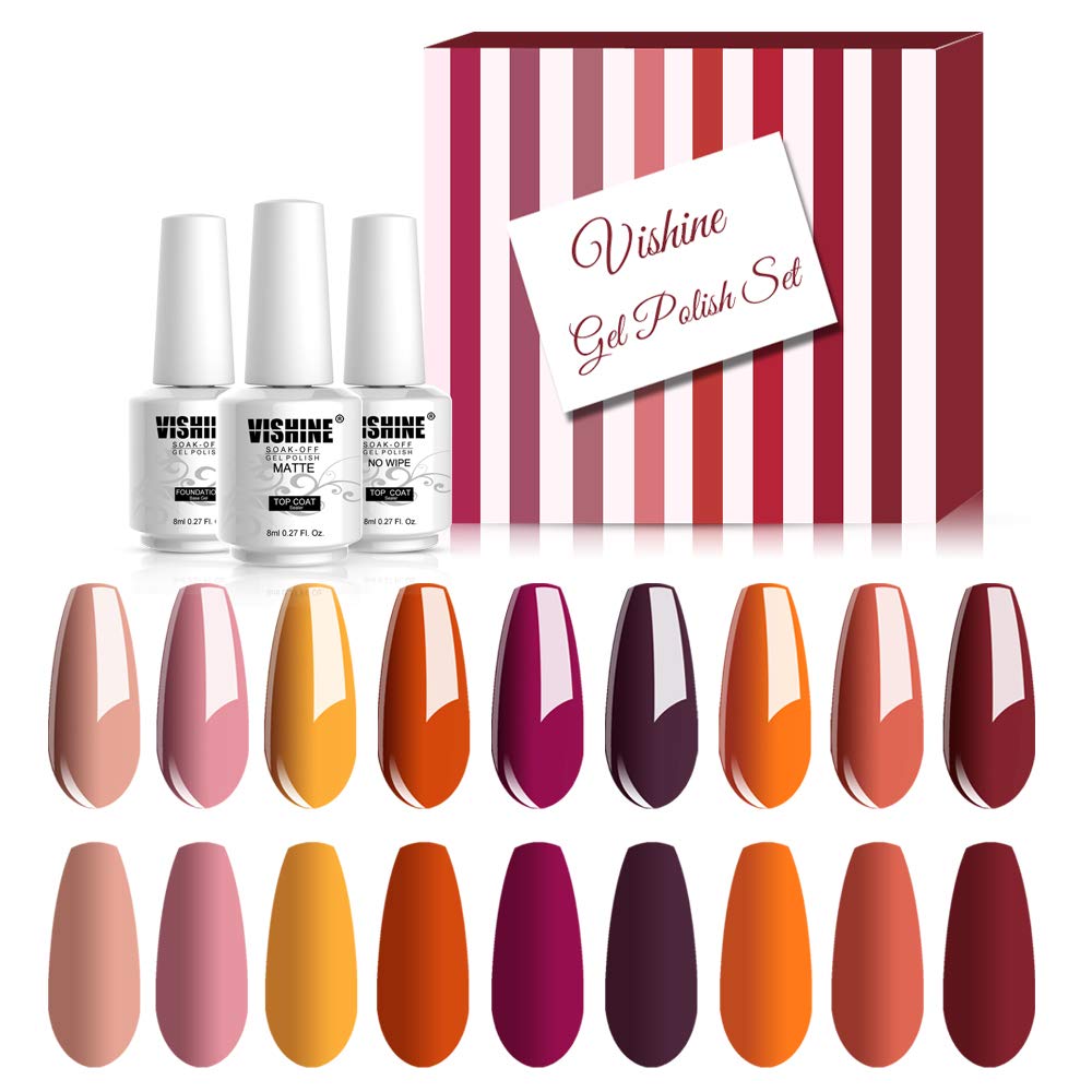 Vishine 12 Pcs Gel Nail Polish Kit, Orange Yellow Red Purple Gel Nail Polish Set Colors Collection Soak off LED Nail Lamp Base Top Coat & Matte Top Coat Gel Nail Kit 8ml