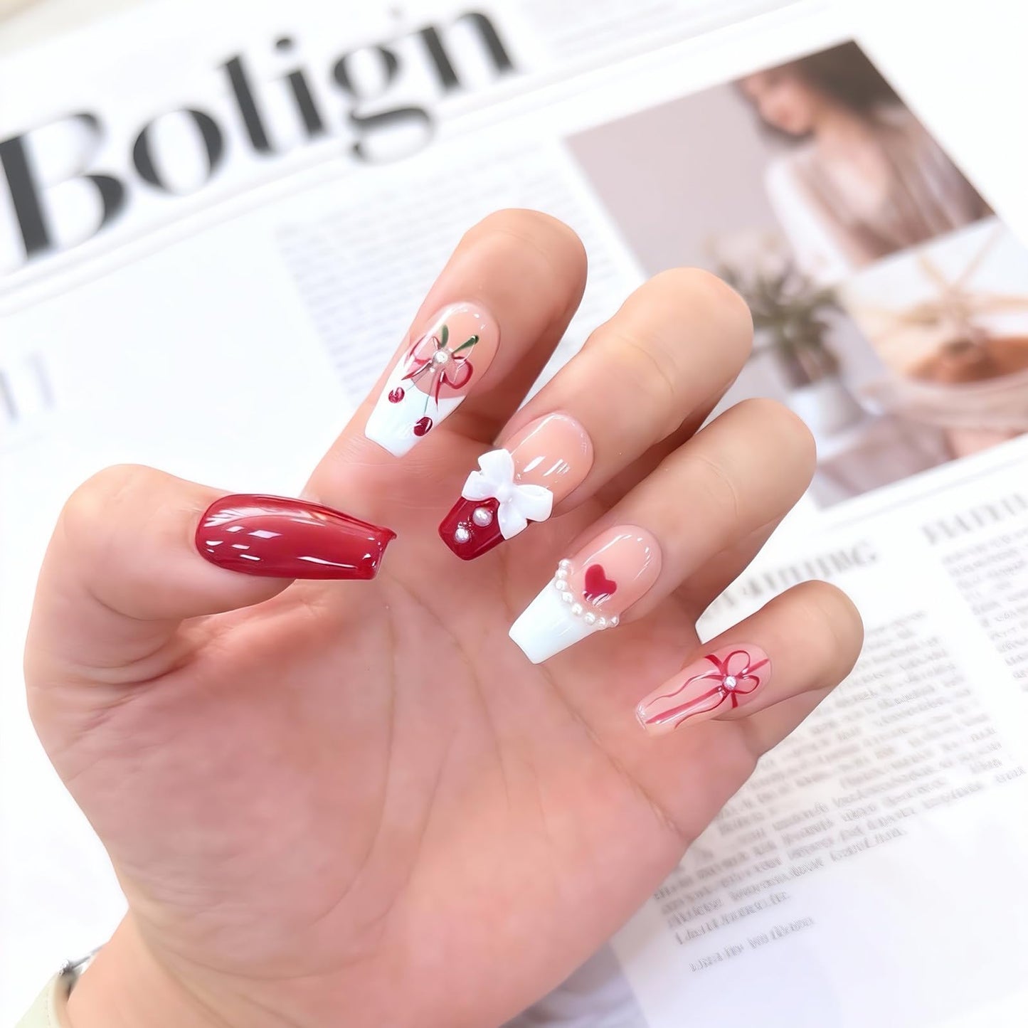 Luxury Handmade Press On Nails - Coffin 3D Bows & Cherry Pearls, French Red Reusable False Nails for Date Night & Spring Party, Salon-Grade Gel Acrylic Nail Art (S-10PCS)