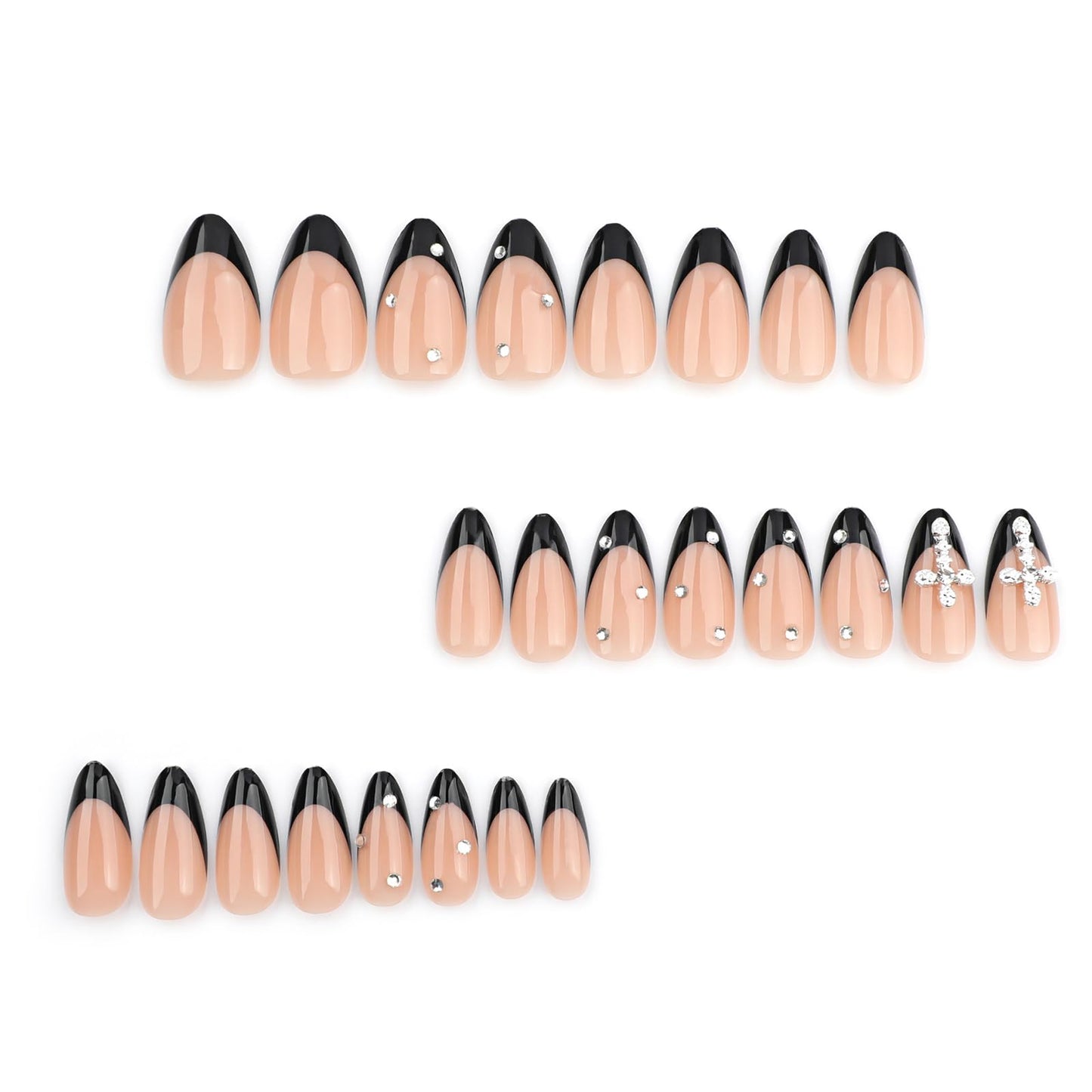 24 Pcs Handmade Almond Press on Nails Short Medium Fake Nails Black French Tip False Nails with Rhinestone Design Artificial Nails Holiday Glue on Nails Reusable Full Cover Stick on Nails for Women