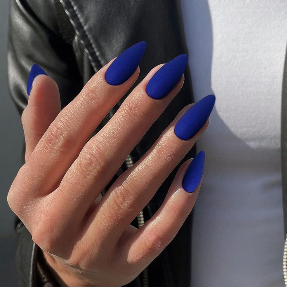 Dark Blue Press on Nails Medium Stiletto Almond,KQueenest Matte Pure Color Acrylic Nails Kit Reusable Fake Nails with Feature Protective UV Coating for Women Nail Art Manicure in 24PCS