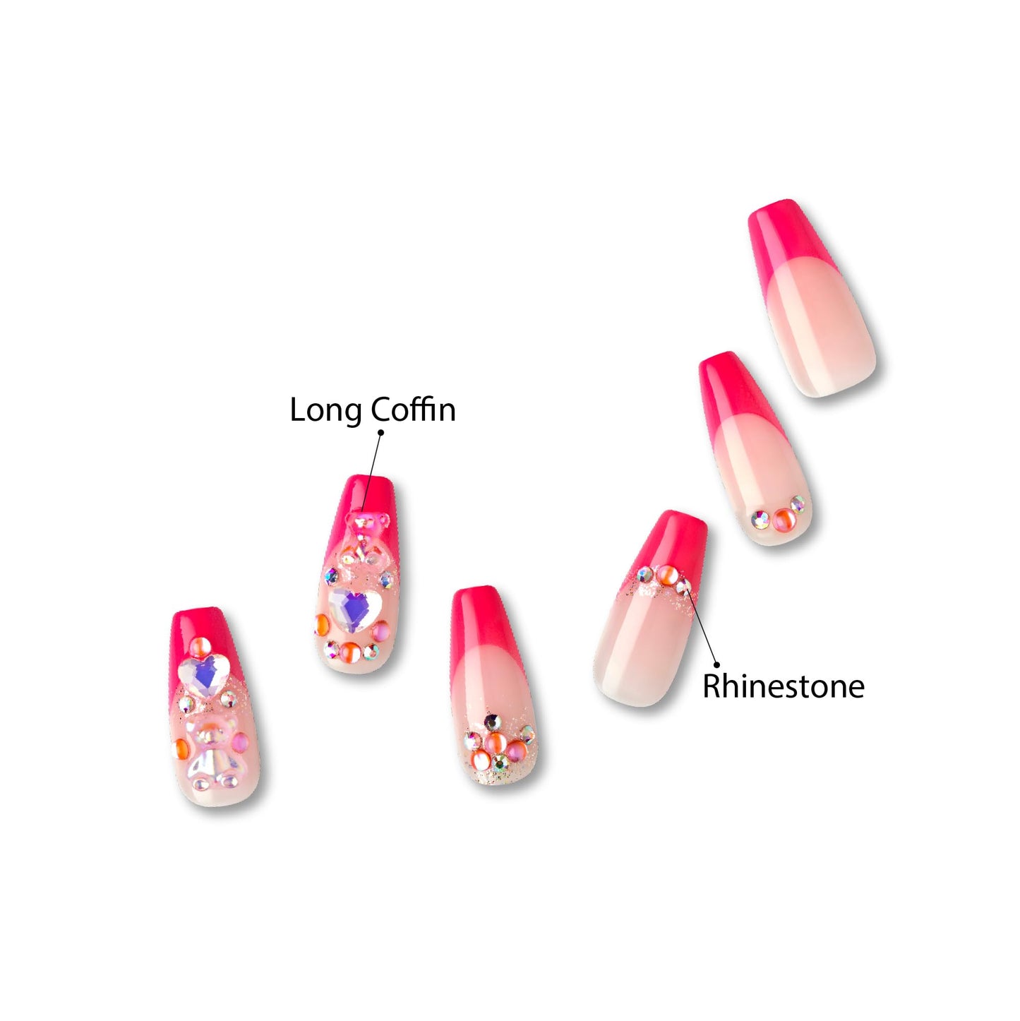 GoldFinger Premium Luxury False Nails Kit, Ready to Wear Pink French Nails, Manicure Stick and Glue Included, Long Coffin Shape with 3D Rhinestones, Long-Lasting Hottest Trend Glue on Nails