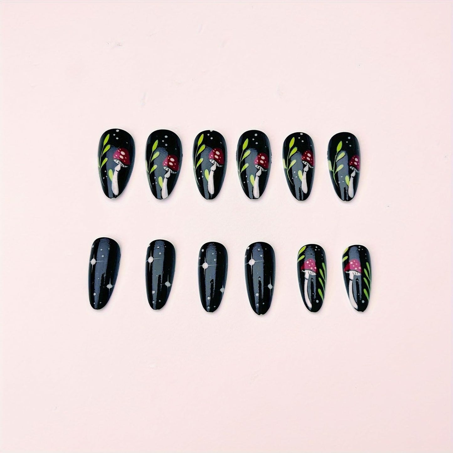 Black Press on Nails Medium Almond SWEKKE Fake Nails Cute False Nails with Mushroom Stars Designs Full Cover Glossy Glue on Nail Acrylic Nail for Women Girls 24Pcs