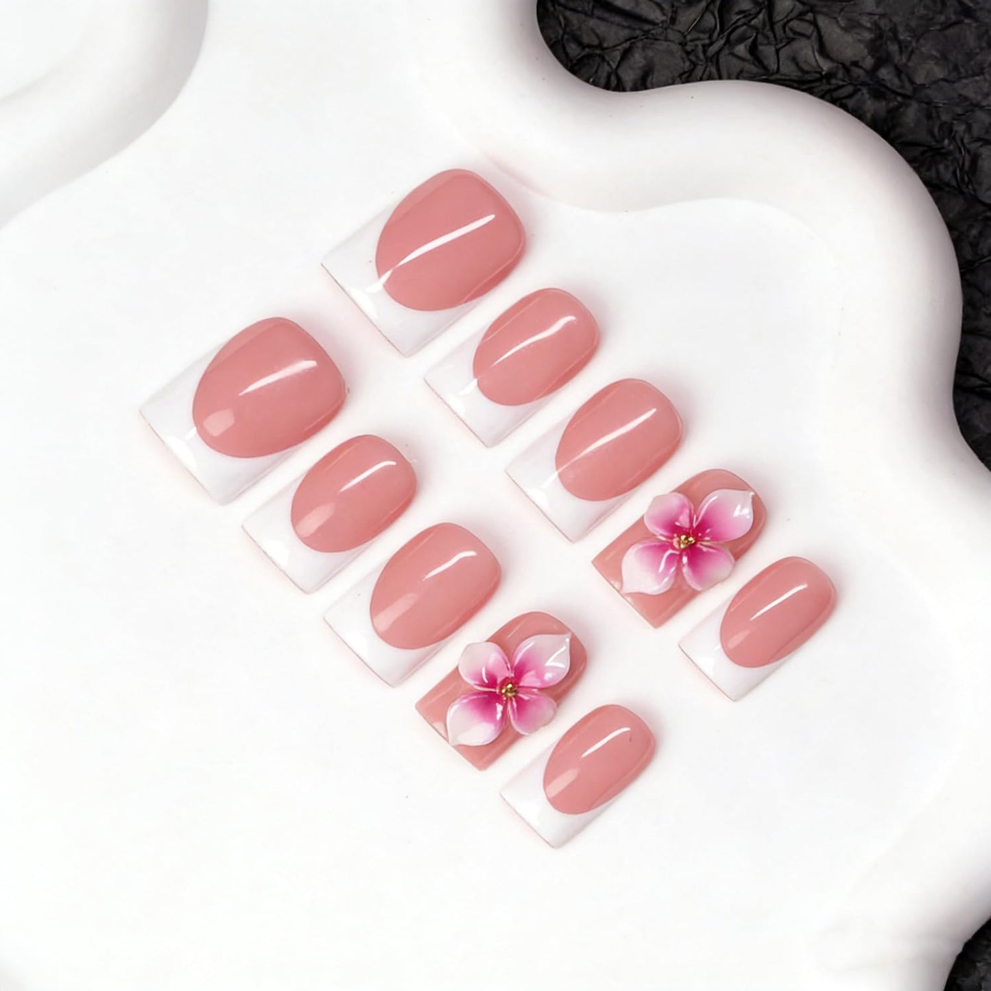 Handmade 3D Nail Art Press on Nails White French Tip Short Duck Fake Nails Flower Thick Acrylic Nails with Designs Elegant Glossy Fake Nail Sturdy Art Manicuare for Women 10Pcs (S)