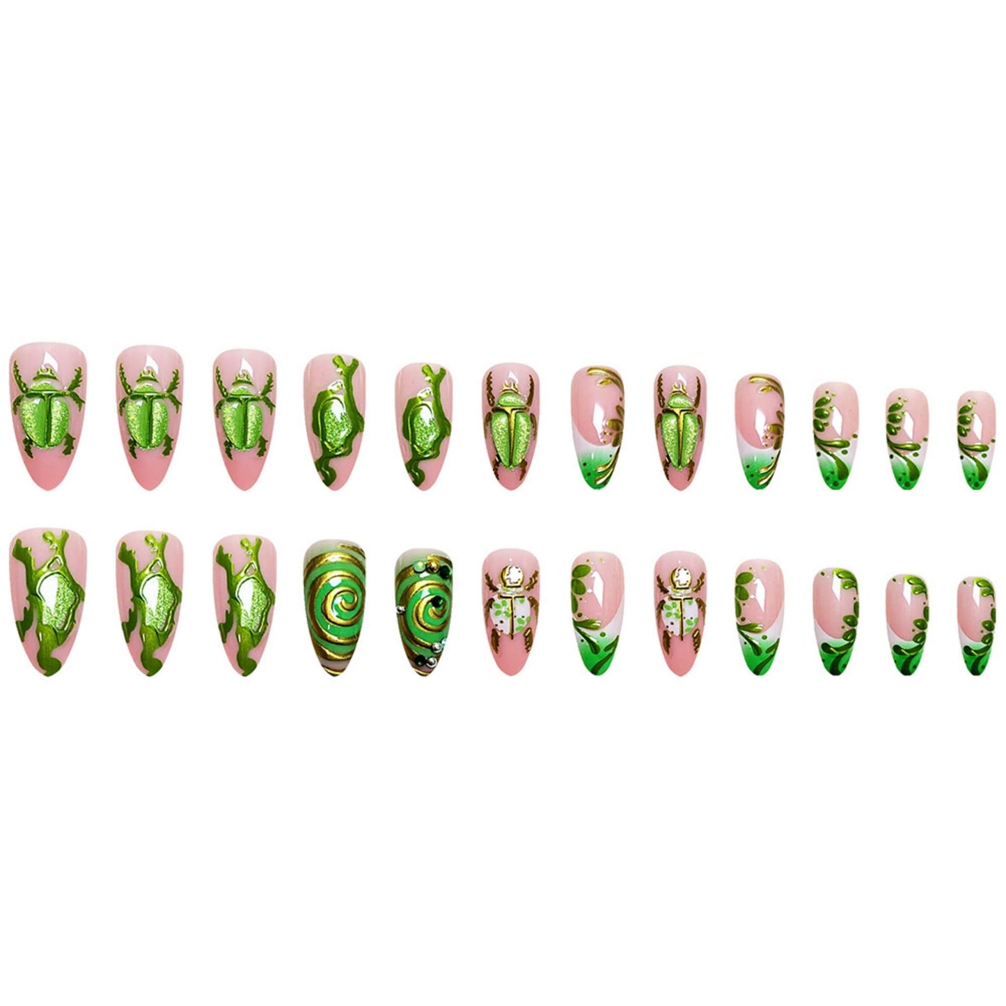 Long Press on Nails Almond Fake Nails Green Artificial Nail Cat Eyes Rhinestones Handmade Gold Charm Designs Stick on Nail for Women 24pcs
