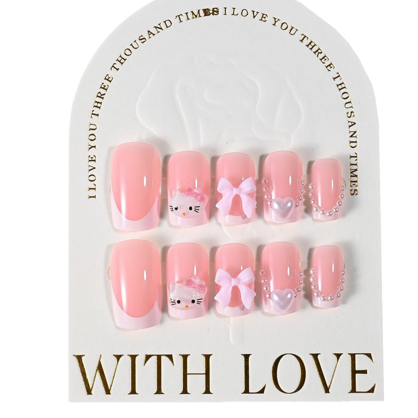 24Pcs Cute French Tip Press on Nails Medium Square Fake Nails with Exquisite Cute Cartoon Cat Bow and Heart Designs, Glossy Pink False Nail with Charms Pearl Nails Acrylic Nail for Women