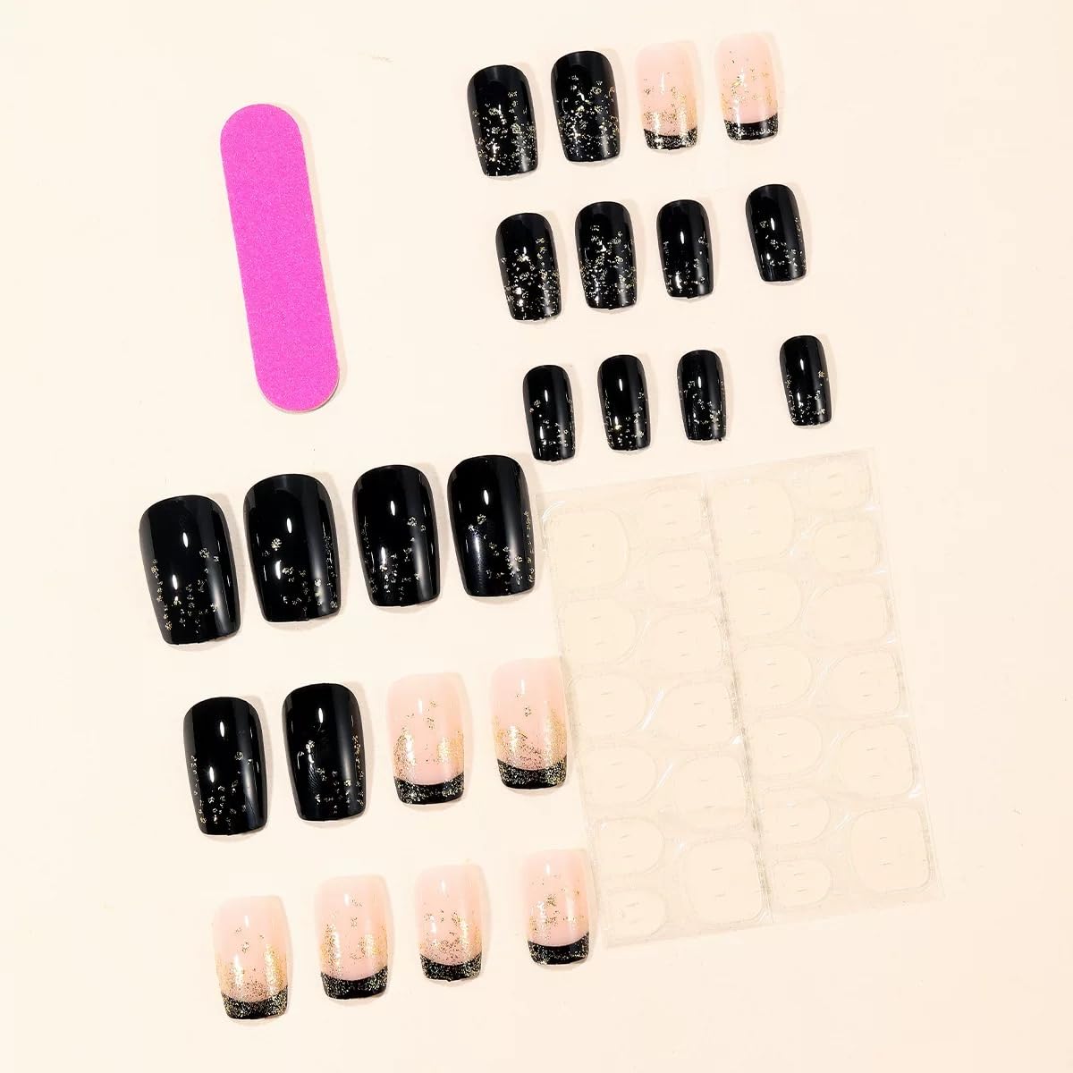 Medium Press on Nails Square - Black Fake Nails with Gold Glitter Design - French Tip Stick on False Nails - for Women 24 Pcs