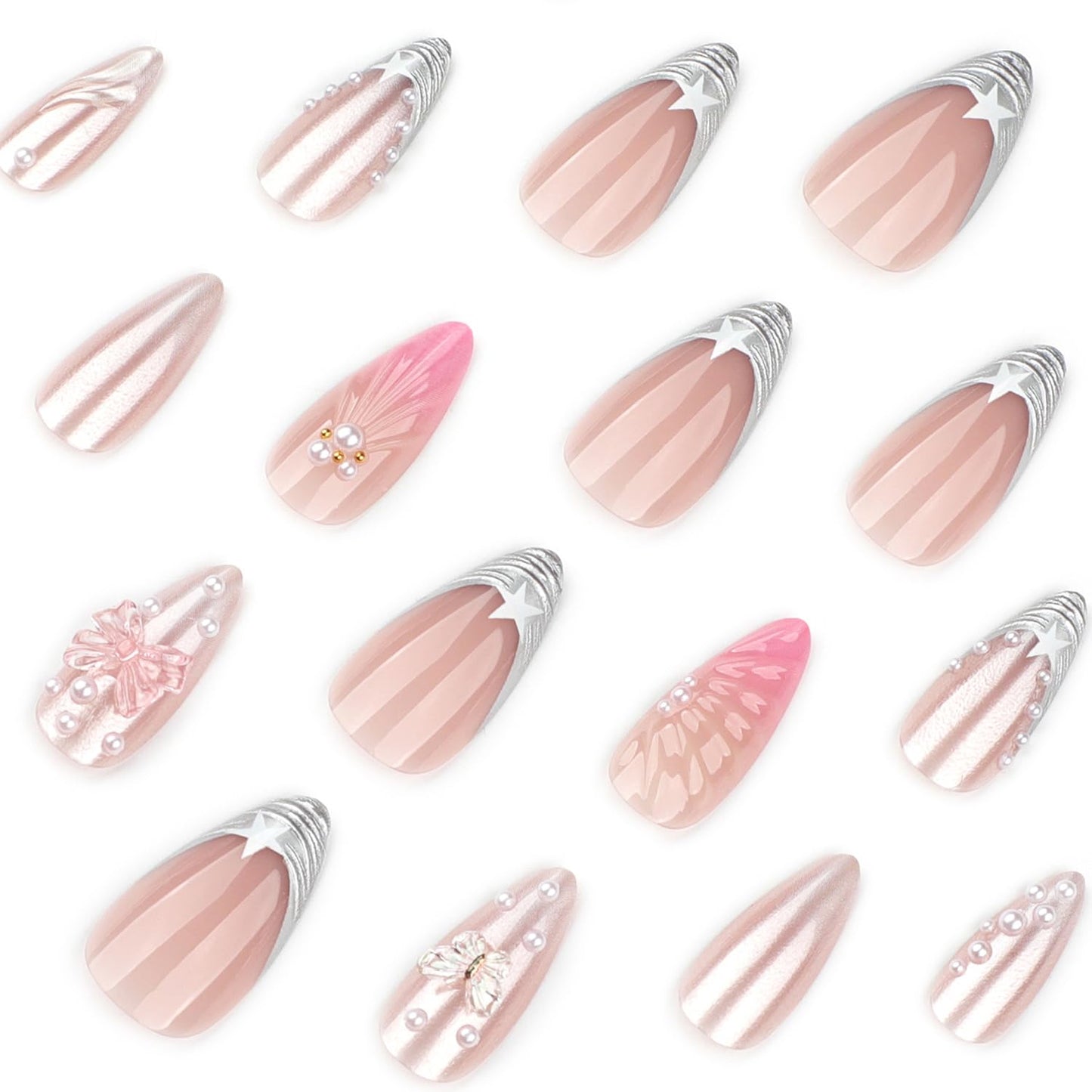 Silver French Press On Nails Medium Almond Fake Nail With Pearls Butterfly Design Nail Press Ons Star Bow Glue On Nails Pink Glossy False Acrylic Nails For Women