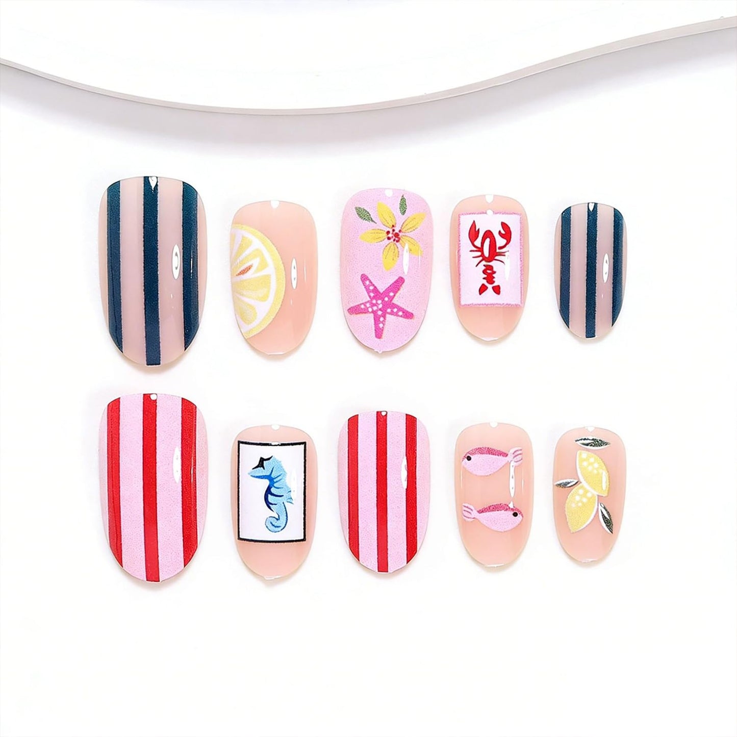 Flowers Press on Nails Flowers Medium Almond False Nails with Starfish Stripe Fish Seahorse Design Full Cover Glue on Nail Summer Ocean Reusable Acrylic Fake Nails Artificial Stick on Nail for Women