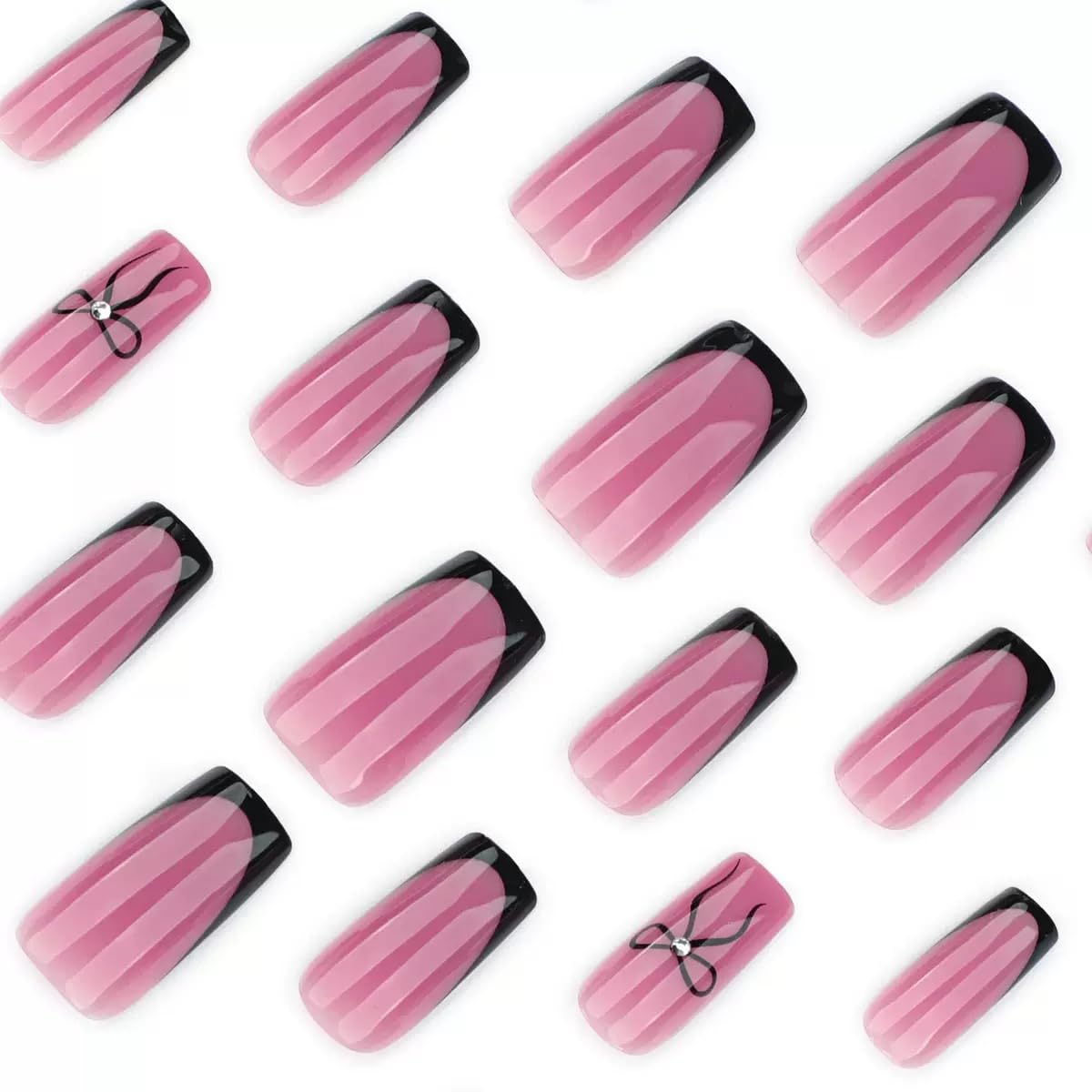 CTTHNBD Square Press on Nails Medium - Black French Tip Fake Nails with Bow Design - Nude Pink, Glossy False Nails for Women - 24 Pcs