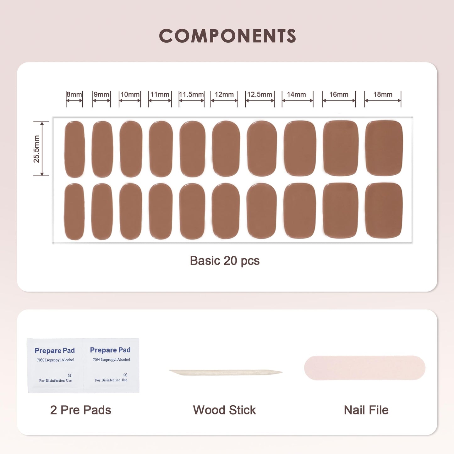 KHARITA Semi Cured Gel Nail Strips – Real Gel Nail Polish UV Wraps for Brittle Nails | Long Lasting Easy Peel-Off Removal | Hema-Free | 20-Piece Solid Brown Salon Sticker Kit with File & Stick