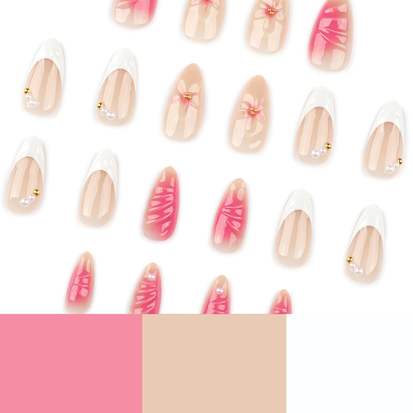 3D Pink French Press on Nails with Charms Medium Fake Nails Cute French Nails Press ons Gold Steel Balls Carved Ripple Flower Stick on Nails Almond Shape Acrylic Nails Pearl Nails for Women Daily Wear