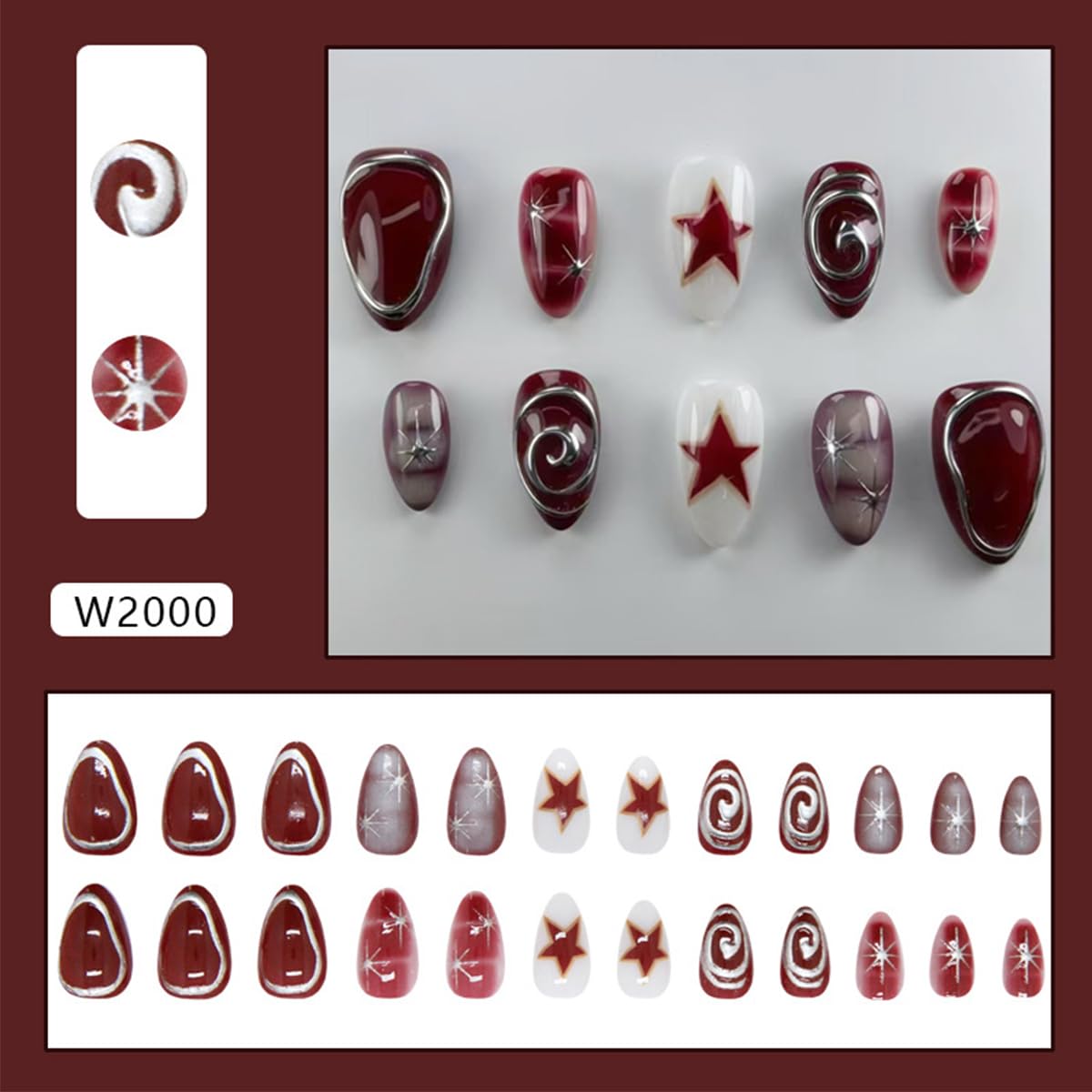 24Pcs Short Almond Press On Nails Patriotic Red Star Fake Nails with Silver Chrome Swirl Lines Designs Y2K Acrylic False Nails Glossy Full Cover Independence Day Stick On Nails for Women DIY Manicure