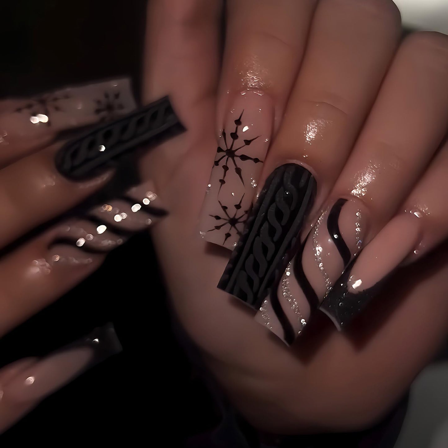 Christmas Press On Nails Medium Square Black French Tips Nails with Glue Winter Snowflake Design,Christmas Nails Long False for Women Holiday Xmas Gifts